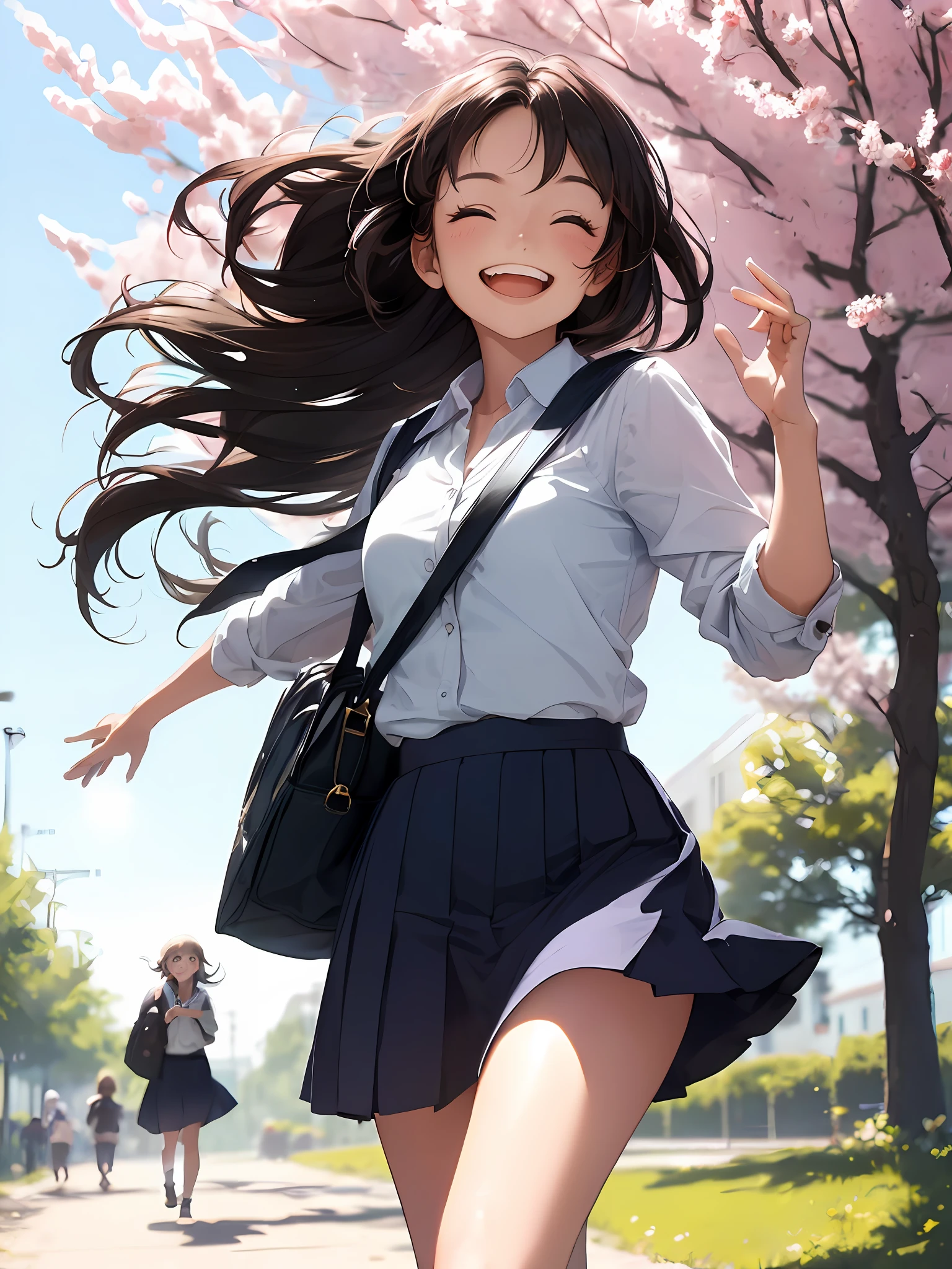 (On a bright spring day (day:1.0), under the clear blue sky (sky:1.0),
BREAK
a high school girl walks with her hair dancing lightly in the wind (hair:1.0). The image is softened at the edges, capturing the youthful and vibrant essence of the scene.
BREAK
Her smile, rendered in soft focus, illuminates the surroundings (smile:1.0) and her school bag symbolizes her passion for learning (school bag:1.0).
BREAK
Each stride she takes is full of energy (stride:1.0), and her light laughter rings through the air (laughter:1.7), encapsulated perfectly with the soft focus technique.
BREAK
The background is slightly blurred, emphasizing her in this springtime scene.
:1.2)