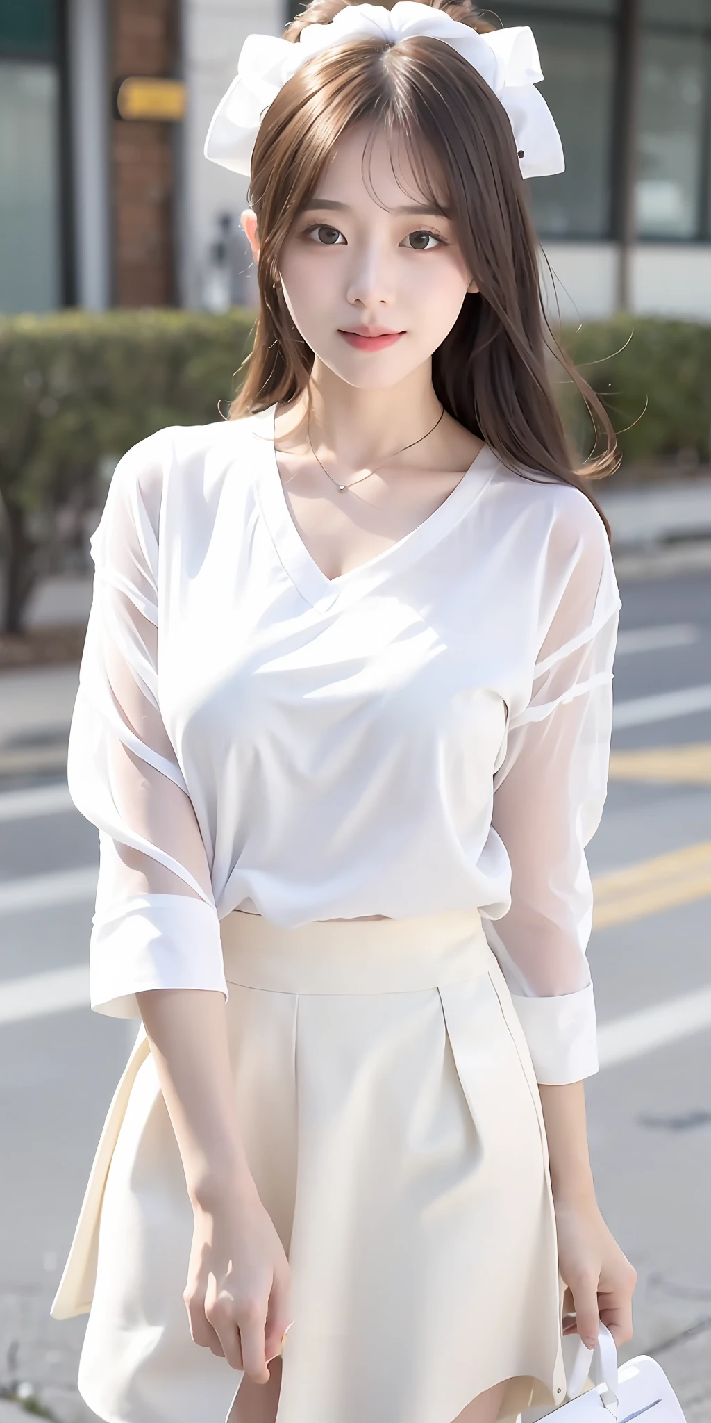 a close up of a woman in a white shirt and grey skirt, white hime cut hairstyle, smooth white tight clothes suit, White blouse, wearing white v - neck top, wearing shirt, white trendy clothes, White Hanfu, White color, In a white blouse shirt, loose coat collar sailor uniform, Korean girl, fine white shirt, young and cute girl