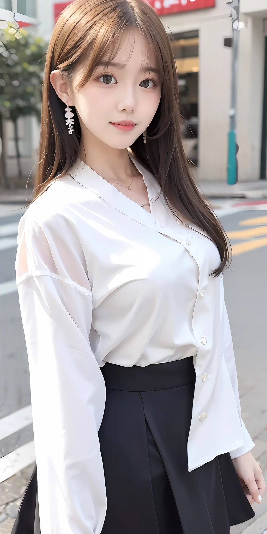 a close up of a woman in a white shirt and grey skirt, white hime cut hairstyle, smooth white tight clothes suit, White blouse, wearing white v - neck top, wearing shirt, white trendy clothes, White Hanfu, White color, In a white blouse shirt, loose coat collar sailor uniform, Korean girl, fine white shirt, young and cute girl