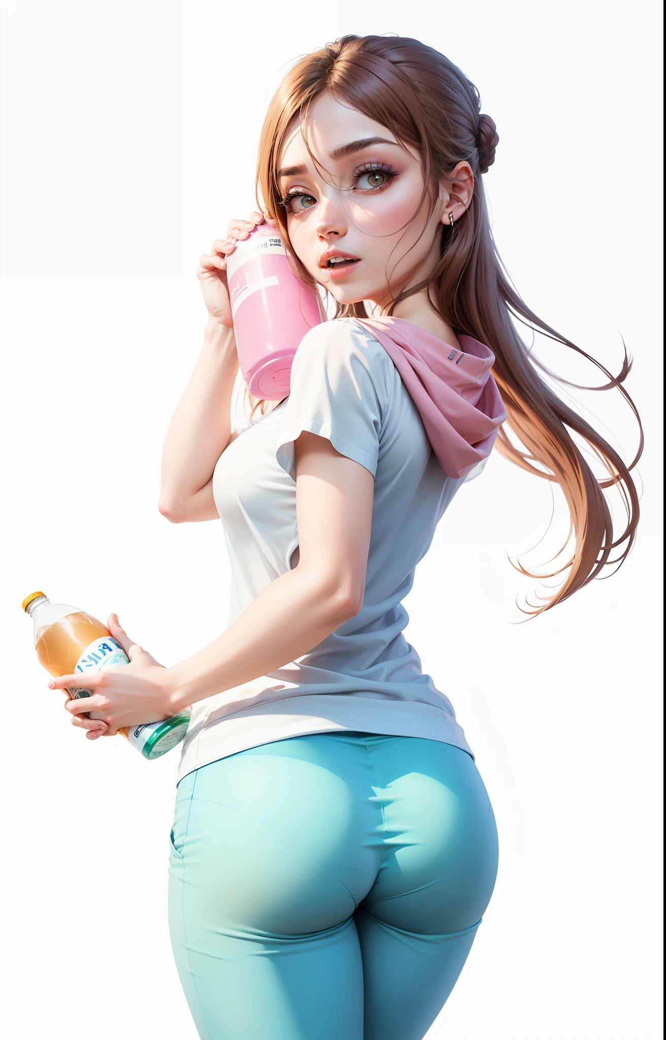 Hermosa mujer con una camisa blanca con una toalla sobre los hombros pantalones tan ajustados que se le marcan las bragas, botella de agua en la mano