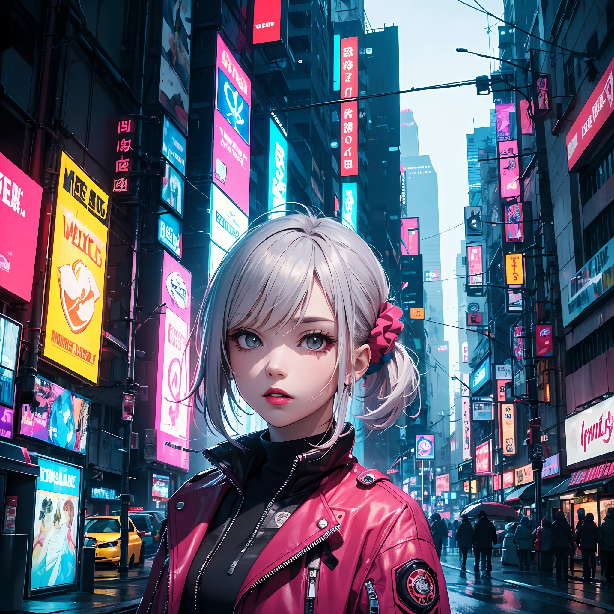 lucy \(cyberpunk\), 1girl, hair scrunchie, hime cut, silver hair, colored tips, full moon, gray eyes, jacket, long sleeves, looking at viewer, medium hair, colorful hair, parted bangs, parted lips, pink hair , portrait, red eyeliner, red lips, solo, white jacket, cyberpunk\(series\), cyberpunk city rainy night neon lights --auto
