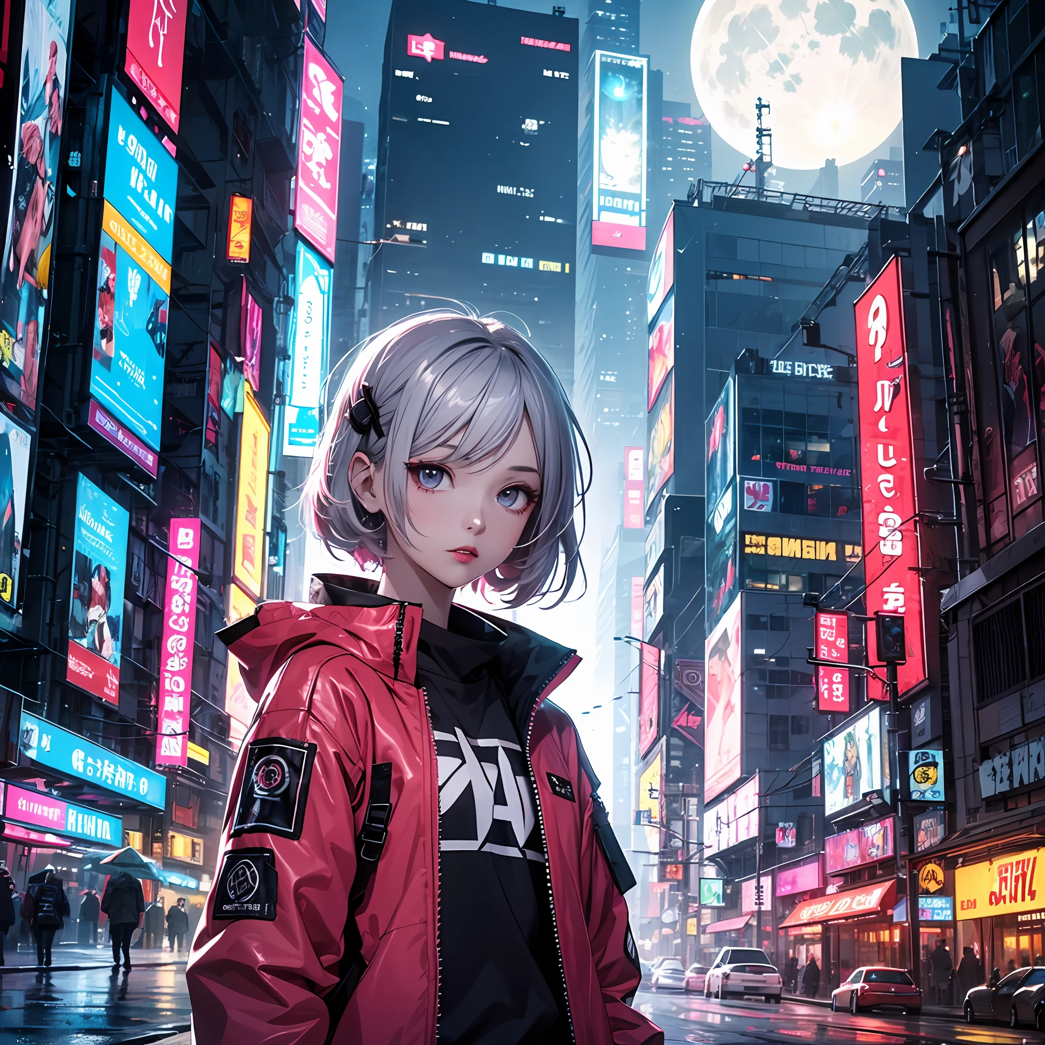lucy \(cyberpunk\), 1girl, hair scrunchie, hime cut, silver hair, colored tips, full moon, gray eyes, jacket, long sleeves, looking at viewer, medium hair, colorful hair, parted bangs, parted lips, pink hair , portrait, red eyeliner, red lips, solo, white jacket, cyberpunk\(series\), cyberpunk city rainy night neon lights --auto