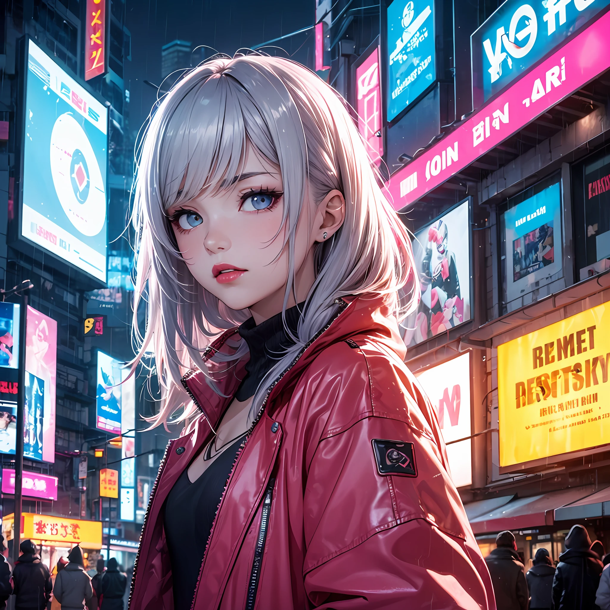 lucy \(cyberpunk\), 1girl, hair scrunchie, hime cut, silver hair, colored tips, full moon, gray eyes, jacket, long sleeves, looking at viewer, medium hair, colorful hair, parted bangs, parted lips, pink hair , portrait, red eyeliner, red lips, solo, white jacket, cyberpunk\(series\), cyberpunk city rainy night neon lights --auto