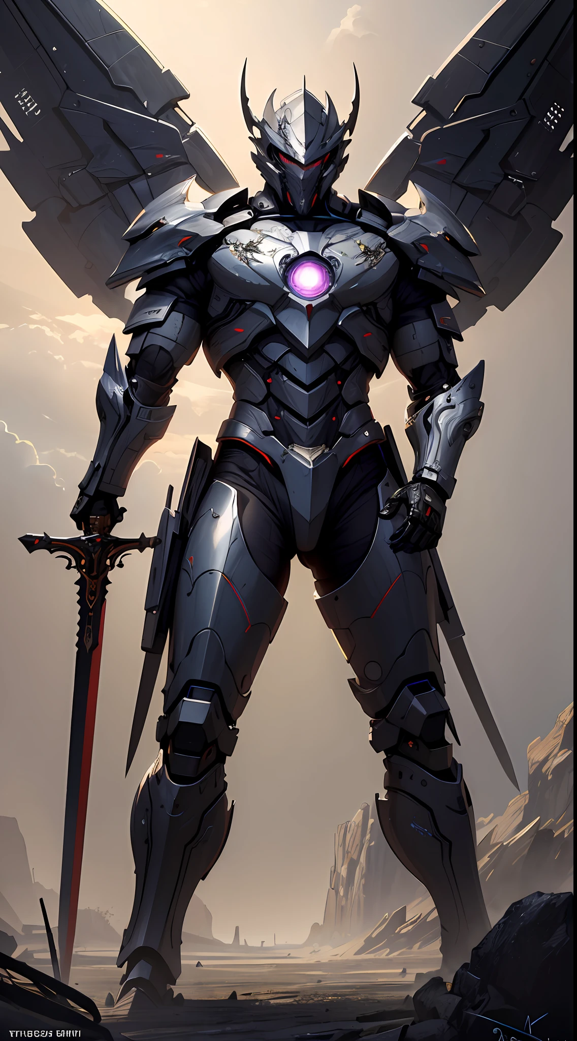 (Masterpiece, Best quality:1.3),extremly high detail, Intricate, 8K, hdr, the wallpaper, Cinematic lighting,big sword, Glowing, Glowing eyes, Mecha, Realistic