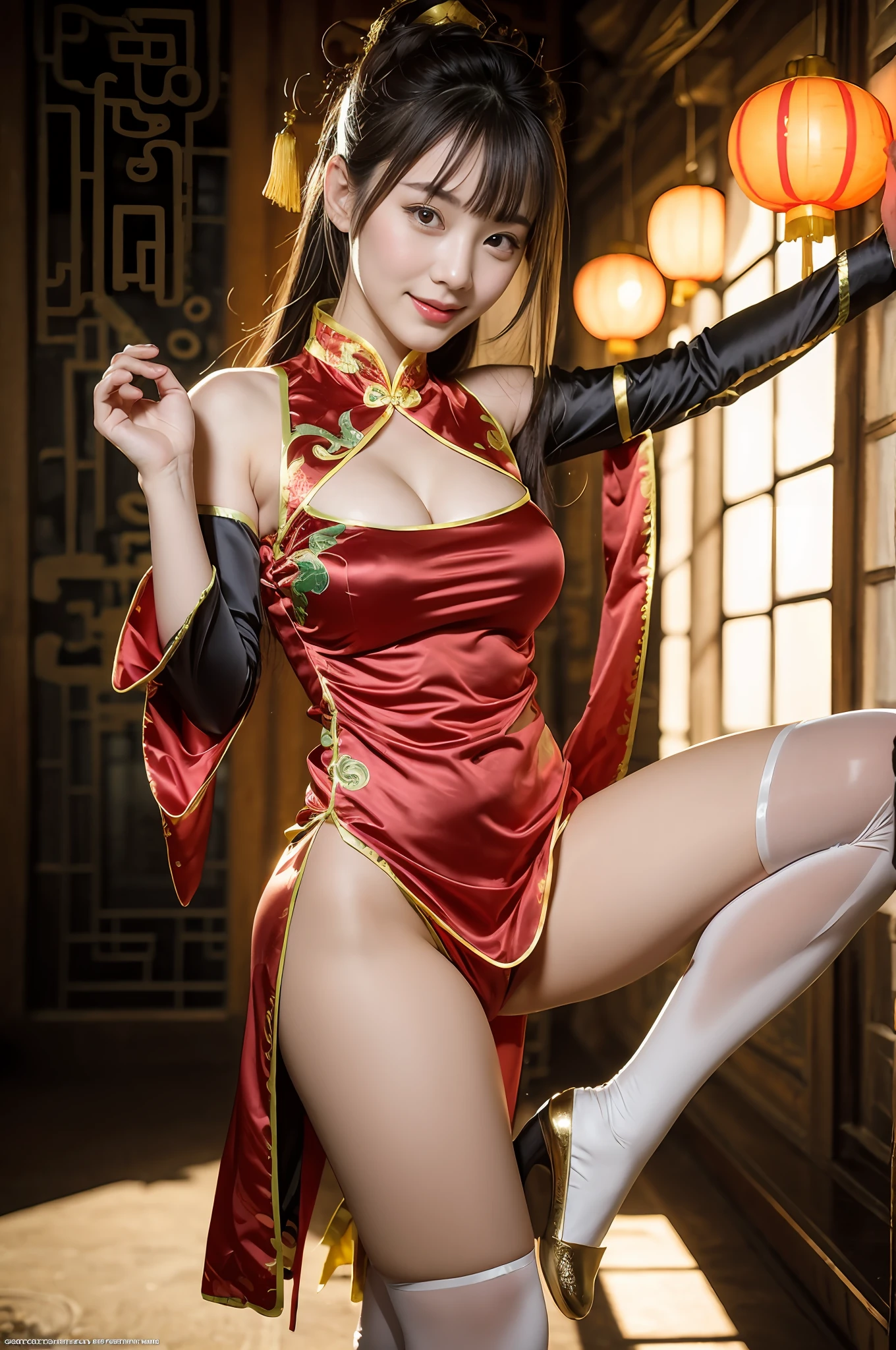 (((long Traditional Chinese costumes outfit comes off))),(((view full body))),(((glamorous body shape))),(((bare inner thigh)))、(((show side breast))),(((detached sleeves))),(((over-kneehighs))),ulzzang-6500-v1.1, (Raw photo:1.2), (Photorealsitic:1.4), a beautiful detailed girl, extremely detailed eye and face, beautiful detailed eyes, ultra-detailed, High resolution, top-quality, masterpiece, ighly detailed, 8k wallpaper, magnifica, finely detail, top-quality, Light on the face,电影灯光,1girl in,(Forbidden City during the Ming Dynasty),Beautiful eyes,a smile,Opening Mouth