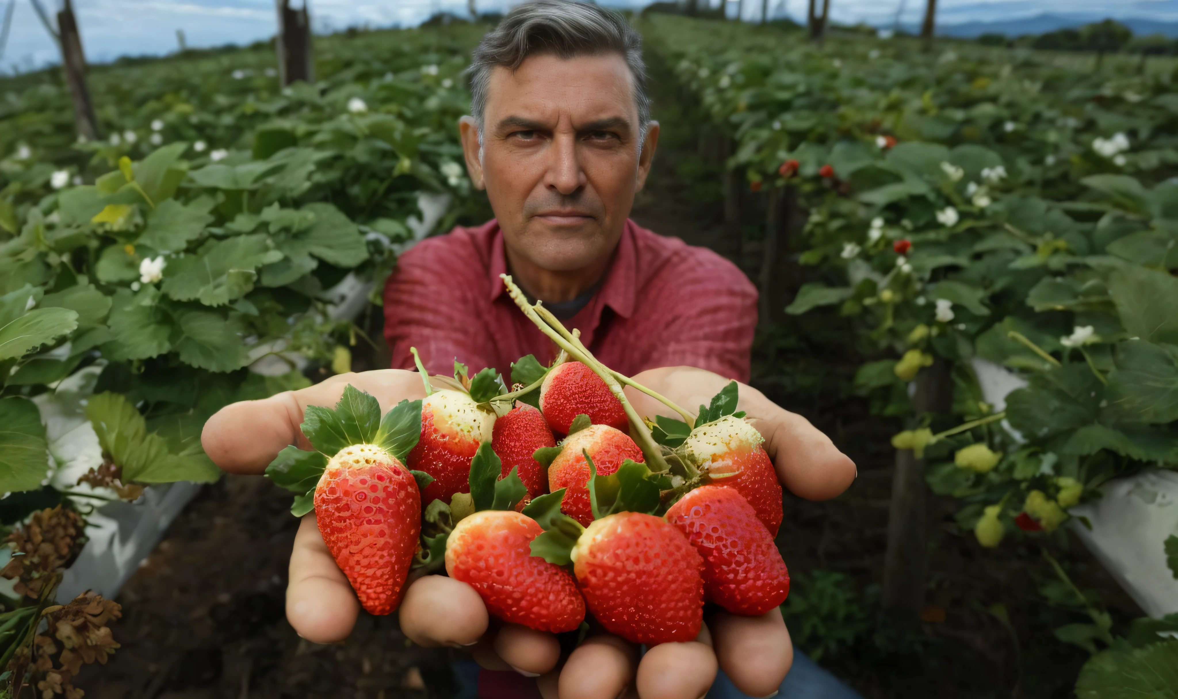 Homem arafed segurando um monte de morangos em um campo, Campos de morango para sempre, segurando um morango gigante, 4074294527, 2717433015, Morangos, 2506921471, Detalhe excepcional, agricultor, 1614572159