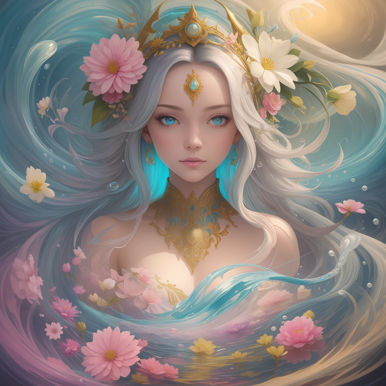 liquid luminous girl of flowers, gold, white pastel blue silver pink, drops of color, waves of color, multicolored paint style, hyper detailed intricately detailed, flowers, swirling clear smoke, sun rays, bubbles, flower patterns, sci-fi, splash art, complementary colors, fantasy, concept art, masterpiece, oil painting, paint dripping, fantasy art, centered composition perfect composition, centered