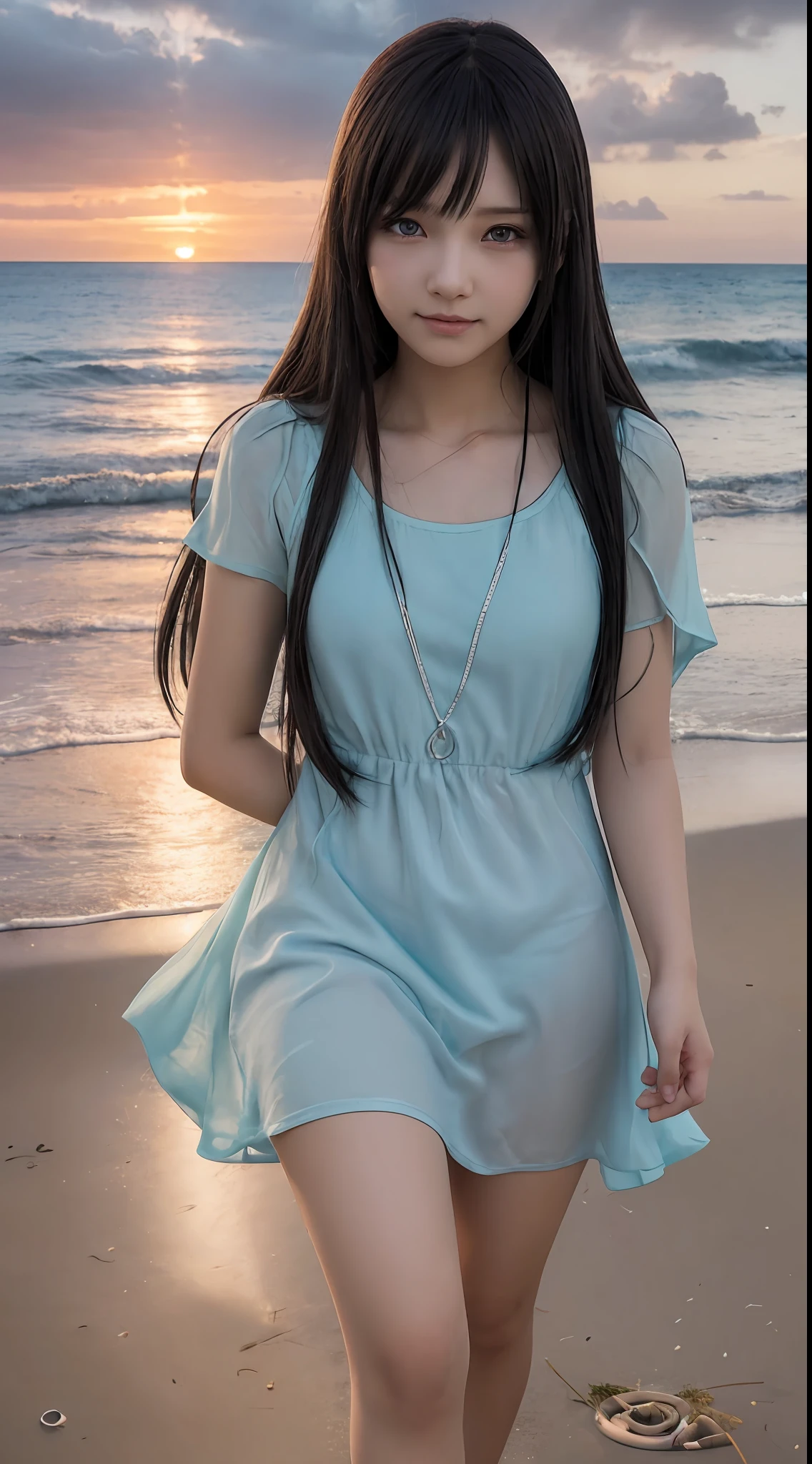 Anime girl with long black hair and blue eyes,Smooth anime CG art,Realistic anime 3 D style,Realistic anime art style,Detailed digital anime art,Digital anime illustration,Realistic anime art style,Kawaii realistic portrait,detailed portrait of an anime girl,a beautiful anime portrait,photorealistic anime girl rendering,Realistic young anime girl, portrait anime girl,2023 summer women's outfit full set of age-reducing salt wearing light ripe small fragrance dress set,Walk on the beach by the sea,Treading on the sea with bare feet,The setting sun is setting in the afterglow,Run happily with a smile on your face