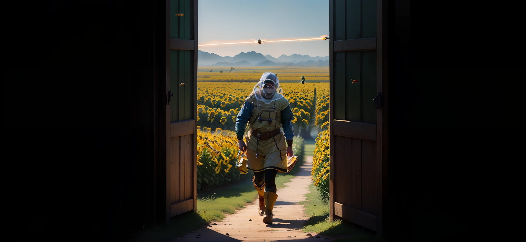 Beekeeper in bee-proof clothing，Carrying a beehive，Walk on the steppe，It is covered with bees。He is a ranger，He had his light crossbow hanging from his waist，He was surrounded by bees