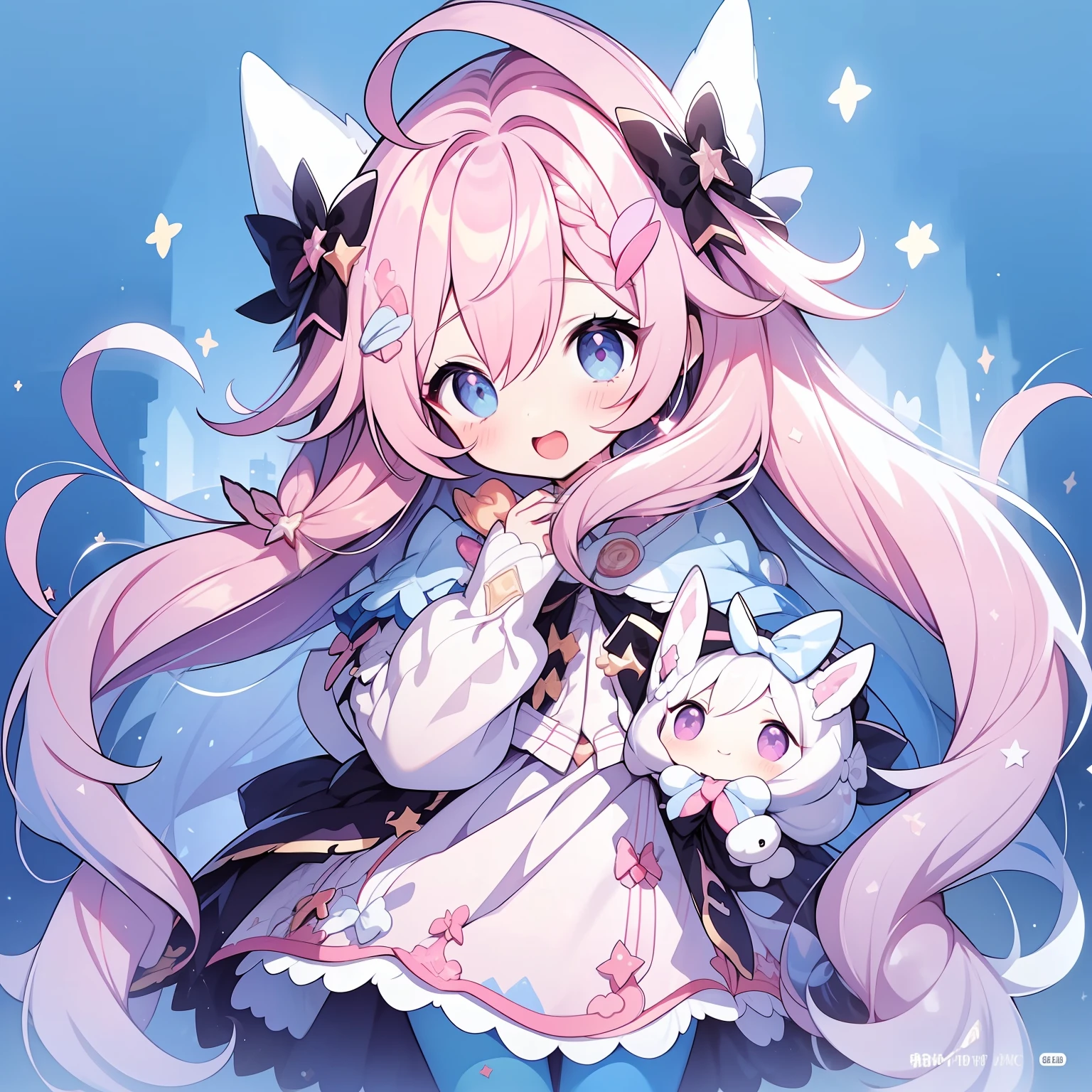 1girll, Animal ears, Pink hair, Long hair, Rabbit, Open mouth, Smile, Rabbit ears, bow, Solo, White background, dress, Pantyhose, the wall, Blue eyes, view the viewer, :D, full body, Simple background, nail polish, streaked, Holding, Arm raised, Say goodbye to hair accessories, Hairstyles, Long sleeves, Puffy sleeves, Watercolor shoes, shoes, Blue footwear, Jumps, Animal, Blush, argyle, Star (symbol), holding wand, Very long hair, ribbon,