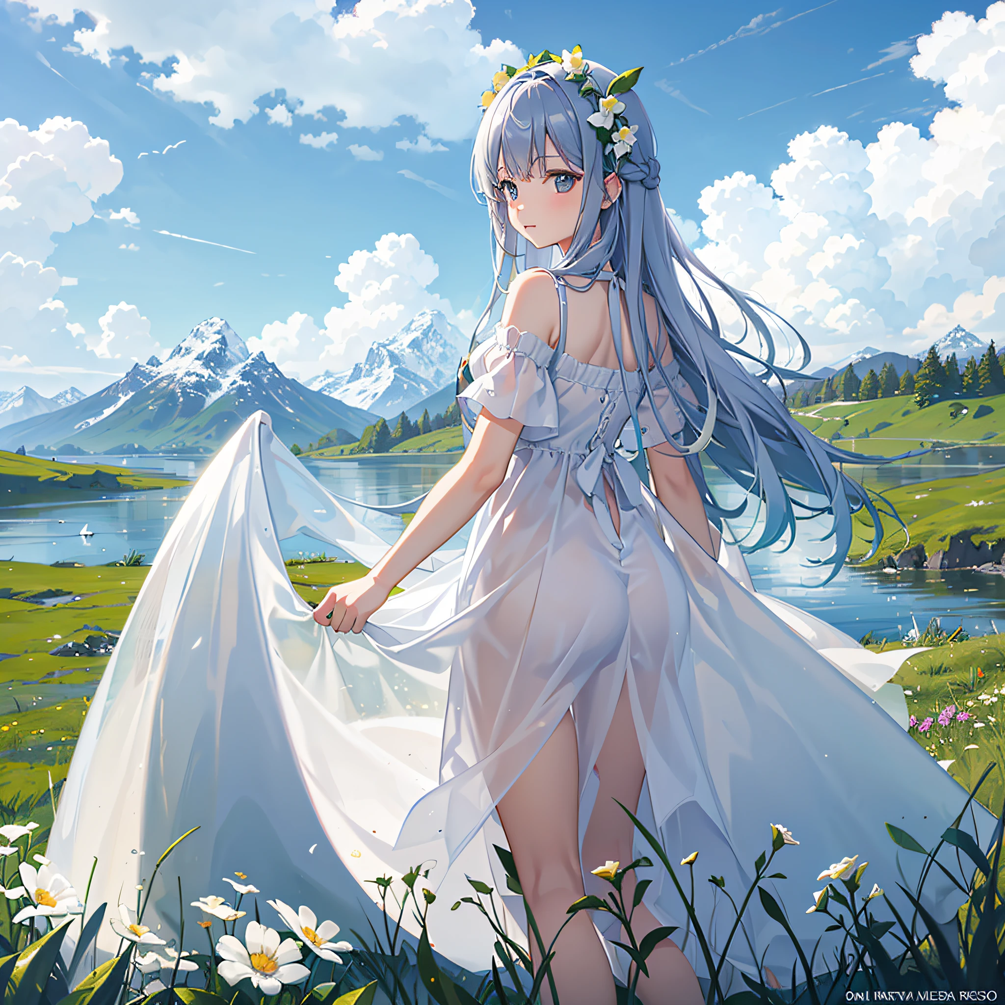 Summer, meadows, few small flowers, clear lakes, sheep, heaven, large clouds, blue sky, hot weather, HD detail, wet watermark, hyper-detail, cinematic, surrealism, soft light, deep field focus bokeh, distant view is snowy mountains, ray tracing, and surrealism. --auto --v6