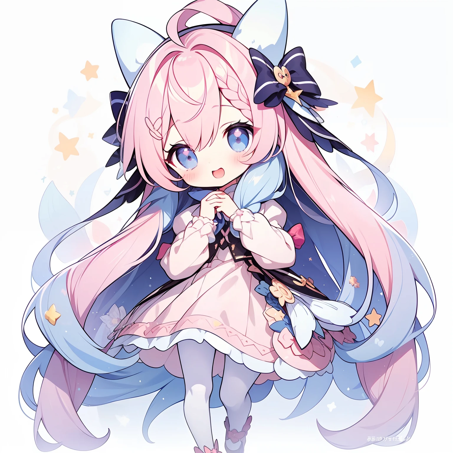 1girll, Animal ears, Pink hair, Long hair, Rabbit, Open mouth, Smile, Rabbit ears, bow, Solo, White background, dress, Pantyhose, the wall, Blue eyes, view the viewer, :D, full body, Simple background, nail polish, streaked, Holding, Arm raised, Say goodbye to hair accessories, Hairstyles, Long sleeves, Puffy sleeves, Watercolor shoes, shoes, Blue footwear, Jumps, Animal, Blush, argyle, Star (symbol), holding wand, Very long hair, ribbon,