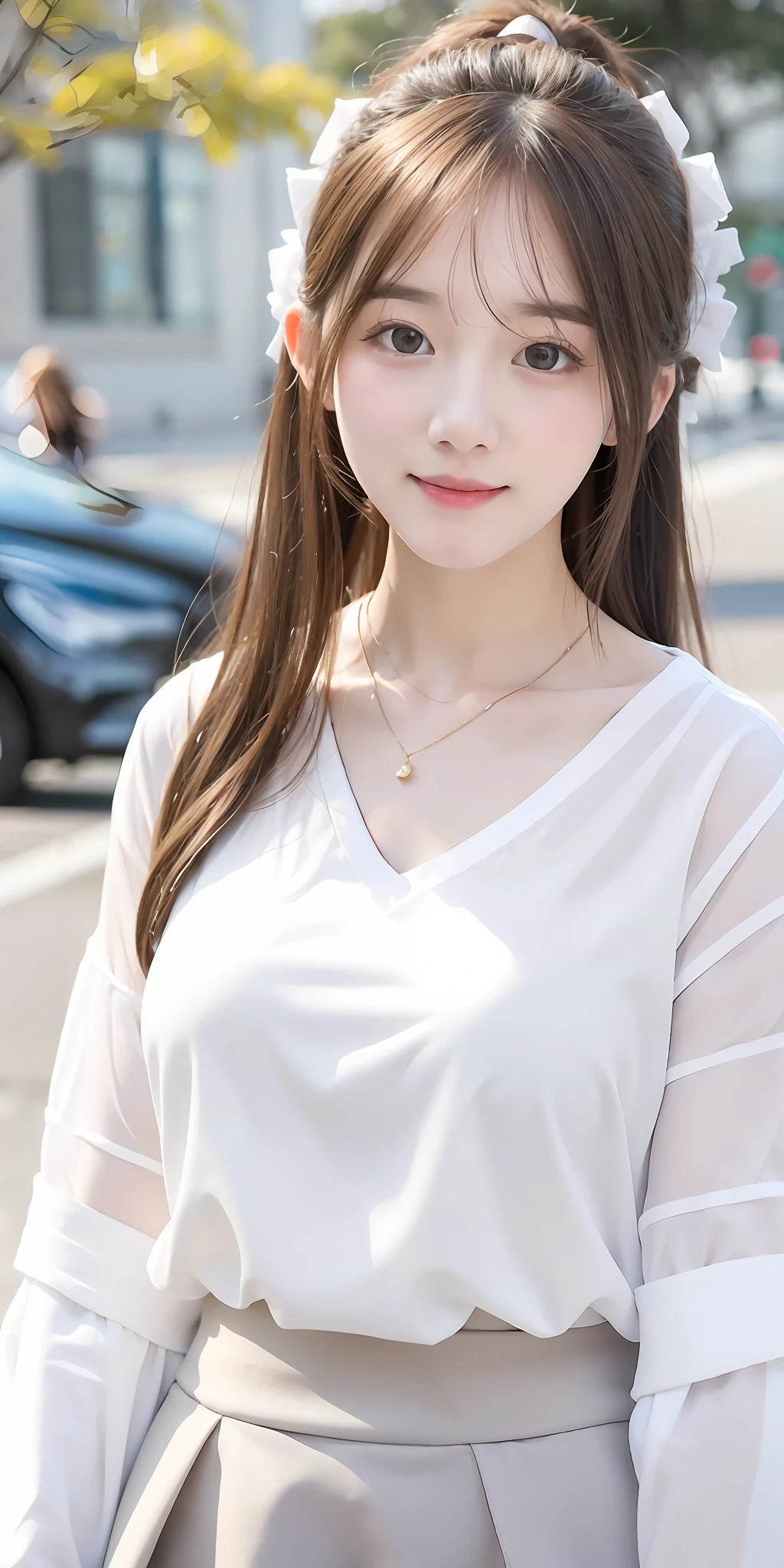 a close up of a woman in a white shirt and grey skirt, white hime cut hairstyle, smooth white tight clothes suit, White blouse, wearing white v - neck top, wearing  shirt, white trendy clothes, White Hanfu, White color, In a white blouse shirt, loose coat collar sailor uniform, Korean girl, fine white shirt, young and cute girl