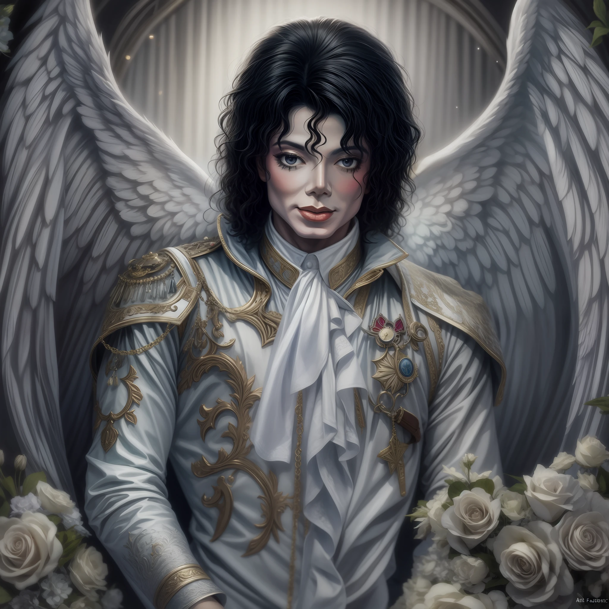 Pintado por Anne Stokes,(Michael Jackson, detalhado),(fantasia, oniric, surrealismo),(Angel sceneryaround you),(trending on ArtStation),corpo inteiro