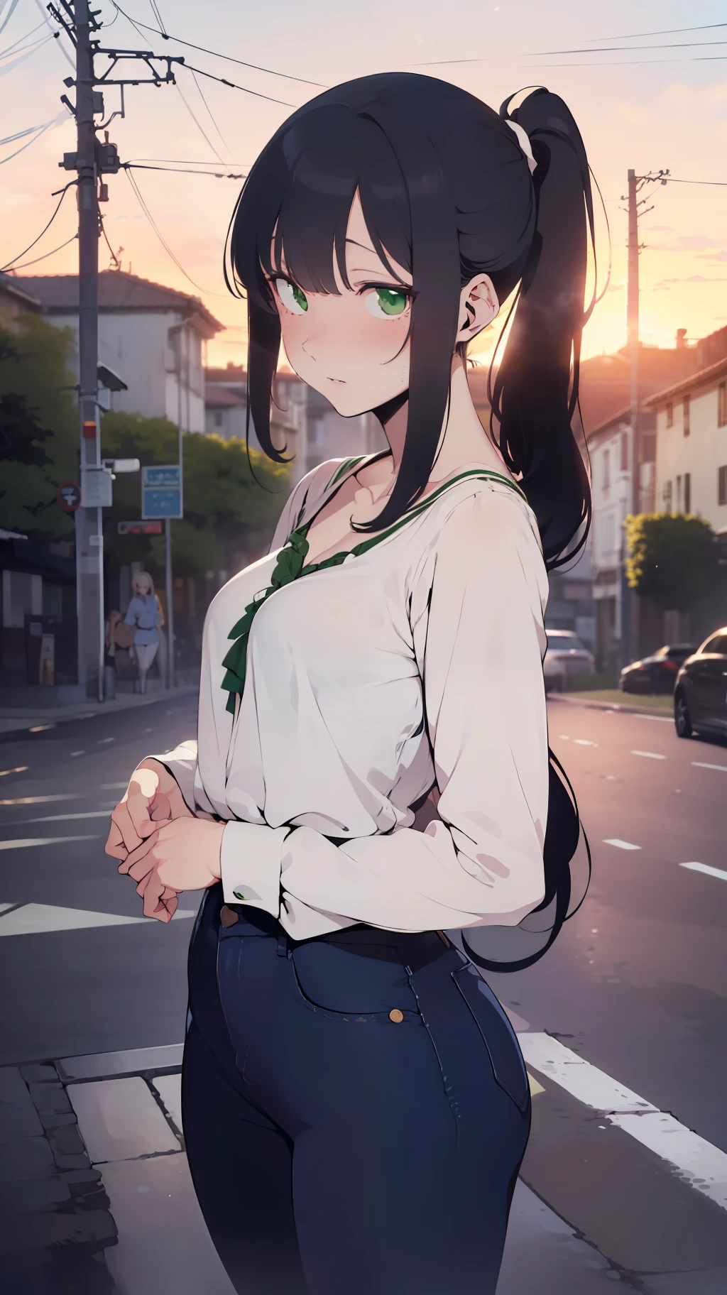 (((one woman,long hair,ponytail,bangs,slender face,sharp eyes,green eyes,detailed eyes,small breast,white blouse,navy jeans,surprised,flushed cheek))),masterpiece,extremely high quality,extremely fine and beautiful,hyper detail,dynamic resolution,sharp focus,anime style,watching the viewer,onthe road,sunset,early night,sexy pose