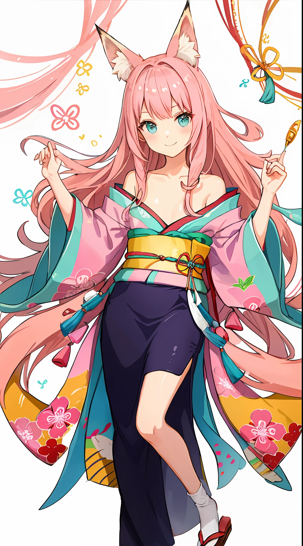 Fox-eared girl, pink hair, long hair, cartoon kimono, flat chest