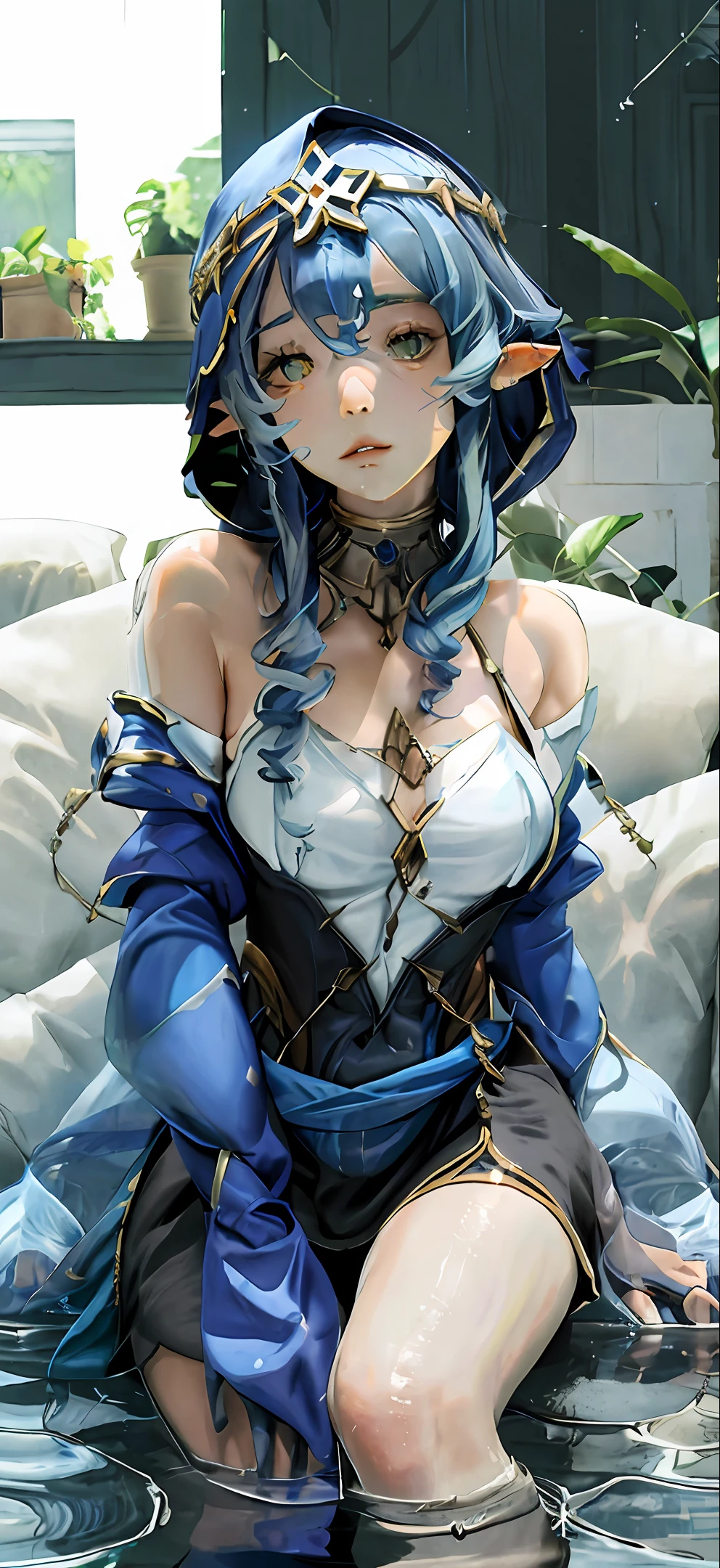 The blue-haired elf drank water with a chest pad