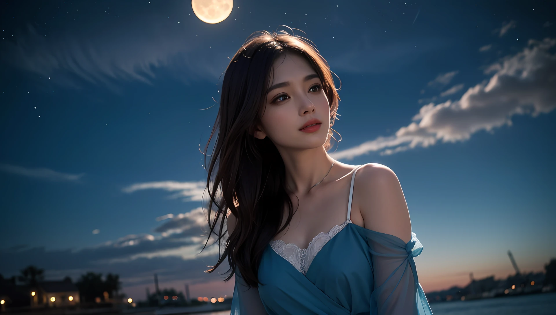 This is a portrait photo of a brunette beauty，One of the highest quality masterpieces，Shot using digital photography techniques，The RAW format has a sub-rate of 8K UHD，very realistic。The beauty in the photo is very delicately shot、ellegance、Highly detailed and majestic，The shooting range is above the waist。The light of the photo is very delicate，The shooting angle highlights the beautiful eyes of the beauty，HDR technology is used，Mysterious elements and blue flames appear in the photo，It creates an atmosphere of infinite wisdom and mystery。The beauty smiled，Her brown eyes are very charming。
The night sky is shown in horse films、rays of moonlight、 Moon starry sky and clouds，In particular, there are many stars in the night sky，The clouds are also very beautiful。The background of the photo is the waterfront。