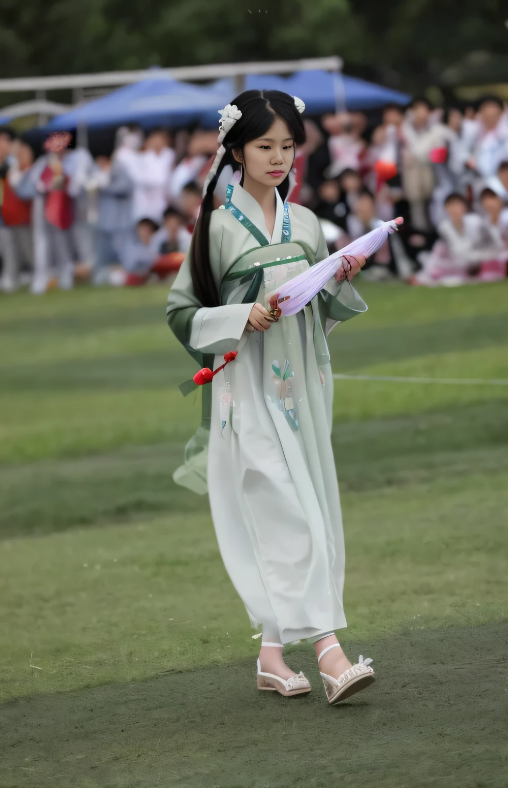 A woman in traditional dress walks on the grass with a kite in her hand, Wearing ancient Chinese clothes, Traditional Chinese clothing, Chinese costume, Hanfu, traditional tai costume, Palace , A girl in Hanfu, Chinese traditional, traditionalcostumes, dressed with long fluent clothes, beautiful costume, traditionalcostumes, White Hanfu, ornate korean polearm behind her, China Princess, Gorgeous lady