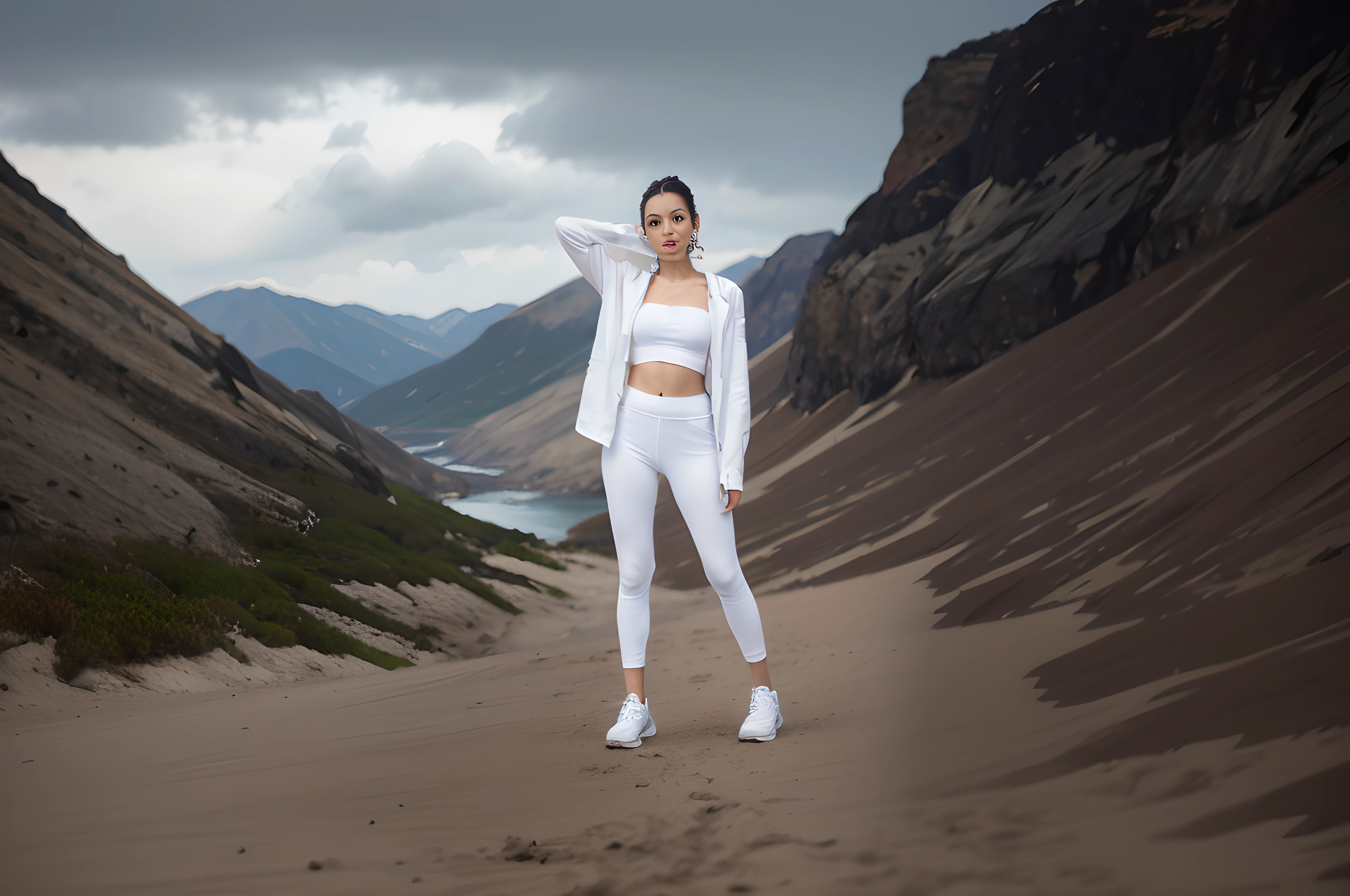 There was a woman standing on the beach，The background is a mountain, athletic fashion photography, high - end fashion photoshoot, White clothing, white apparel, fashion shoot 8k, photograph of a techwear woman, sport outfit, trendy white clothing, clothing photography, sport outfit, White clothes, photoshoot for skincare brand, wearing futuristic white suit, a beautiful woman in white aodai