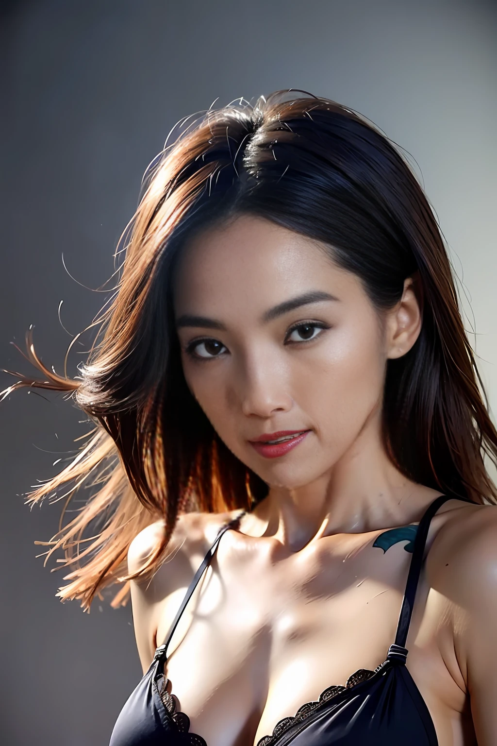 (Photorealsitic:1.4), (hyper realisitic:1.4), (realisitic:1.3), (Smoother lighting:1.05), (Improving Movie Lighting Quality1.2), 32K, 1girl in, 35 year old girl, Realistic lighting, face lights, (Brightening light:1.2), (Quality Improvement:1.4), (Top quality real texture skins:1.4), fine black eyes, finerly detailed face, Fine quality eyes, (Increase body line mood:1.1), (Enhance the beauty of skin texture:1.1), Black lingerie、gravity、Body Fit Bikini Lingerie、slender、8 Head Body、simple background,