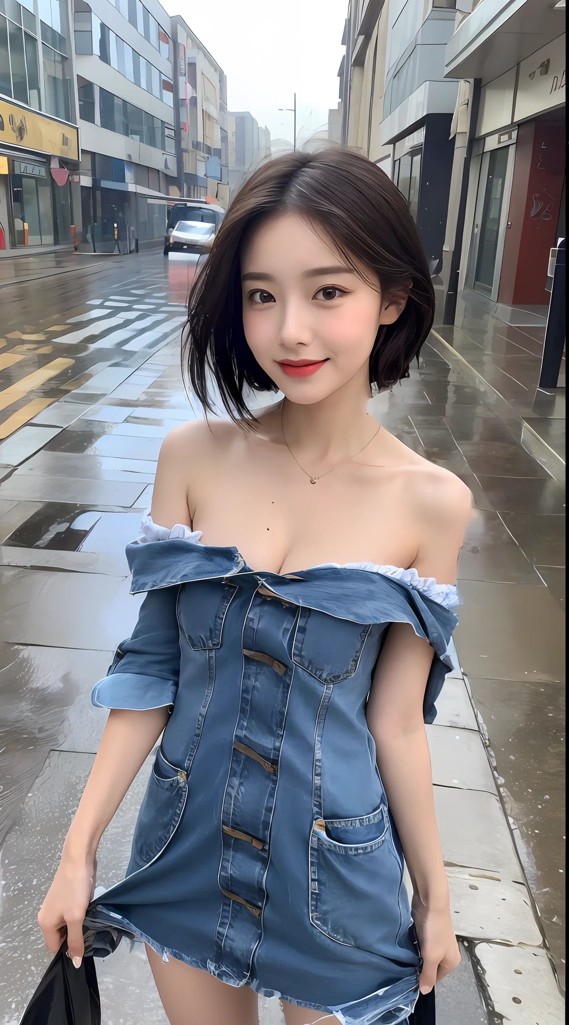 （（Highest image quality、8K、A master：1.3））、focal：1.2、Perfect beauty：1.4、hindquarters：1.2、（Layered Hair Style, Short hair、boobgasm：1.2））、（wetclothes：1.1）、（Wet rain、the street：1.3）、Blue off-the-shoulder denim dress：1.1、Highly detailed facial and skin texture、finely-detailed eyes、二重まぶた、Whiten the skin、long whitr hair、toppless，ssmile