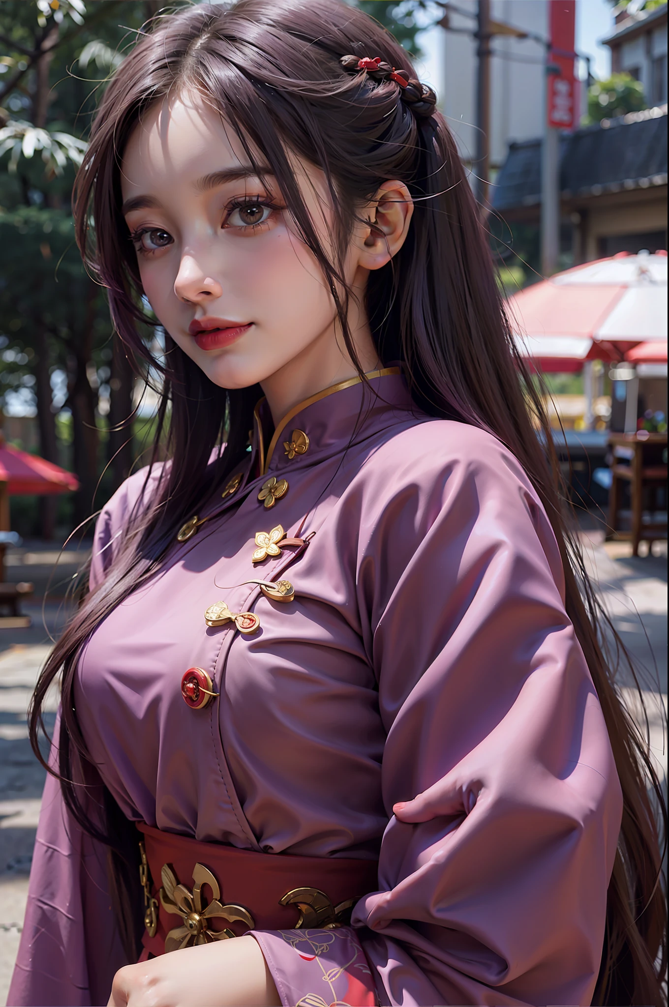1girl, long straight light purple hair, red qi pao, smile, by Takahashi Rumiko, BREAK pucca buns