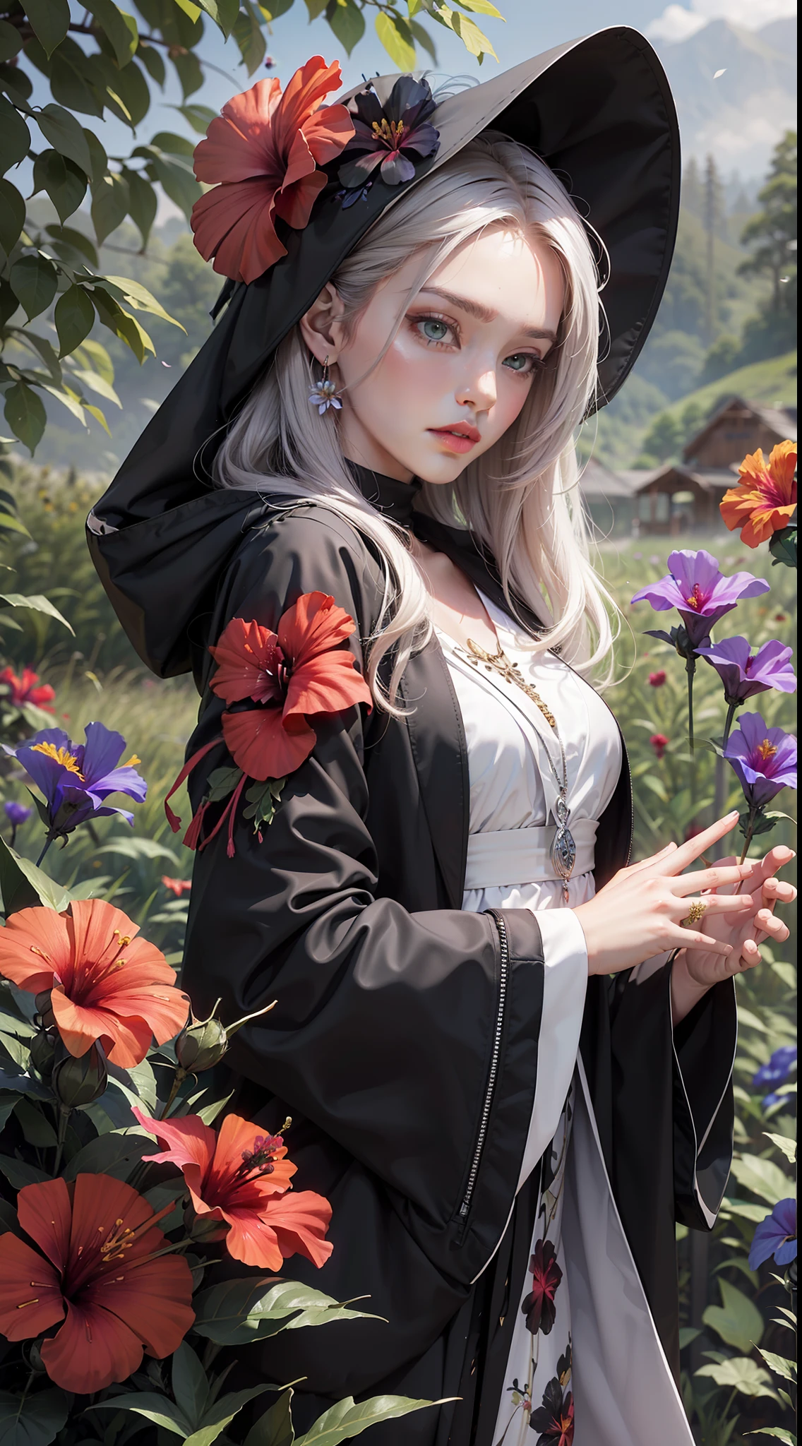 (Very detailed 8K wallpapers), medium plan, A girl, Smooth features, big green eyes, Sad look, Long white hair, She is dressed in a black robe with silver patterns, wide hood on the head, Standing in a meadow,(( A meadow of black flowers:1.4)), (((Hibiscus flowers in the hands:1.3))), Fog in the background, Mystical atmosphere, Eyes of detail, Beautiful picture, hiquality, an intricate, higly detailed, dramatic