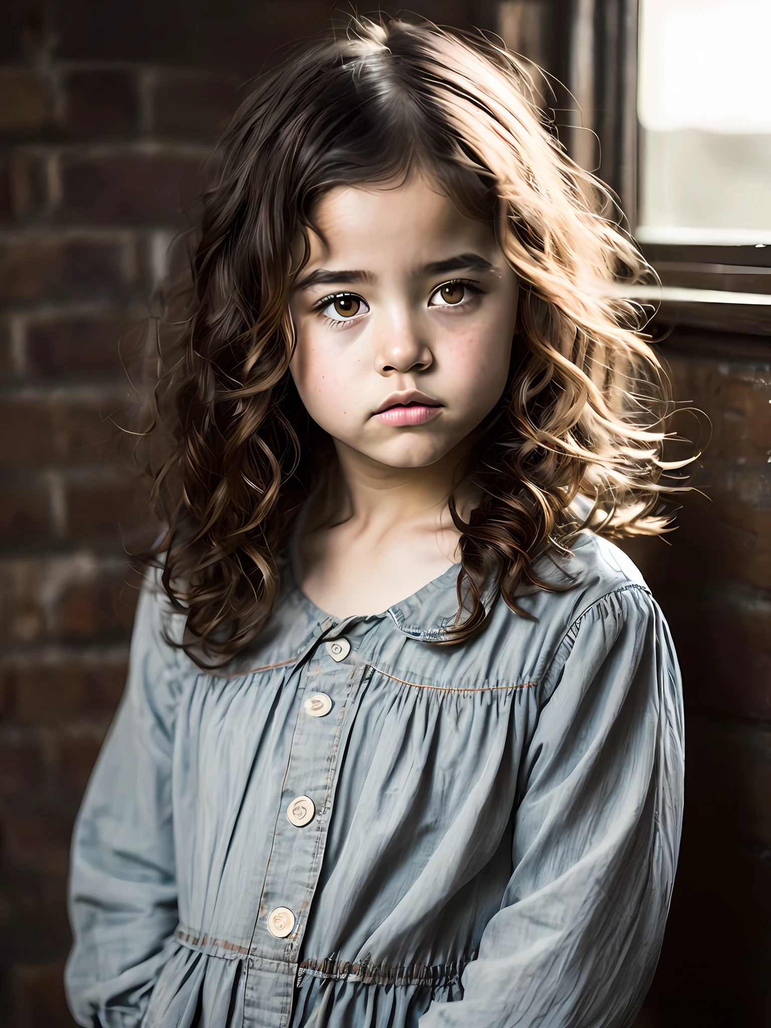 (Modelshoot style), sad homeless little girl ((wearing shabby clothes)), (shy), 1girl, solo, brown curly messy hair, very delicate face, beautiful eyes, [chubby], cute, with rosy cheeks and bright, sad eyes, stunning beauty, (rembrandt lighting), zeiss lens, ultra-realistic, (high detail skin: 1.2), 8k uhd, DSLR, dramatic edge light, High quality, Fujifilm XT3,