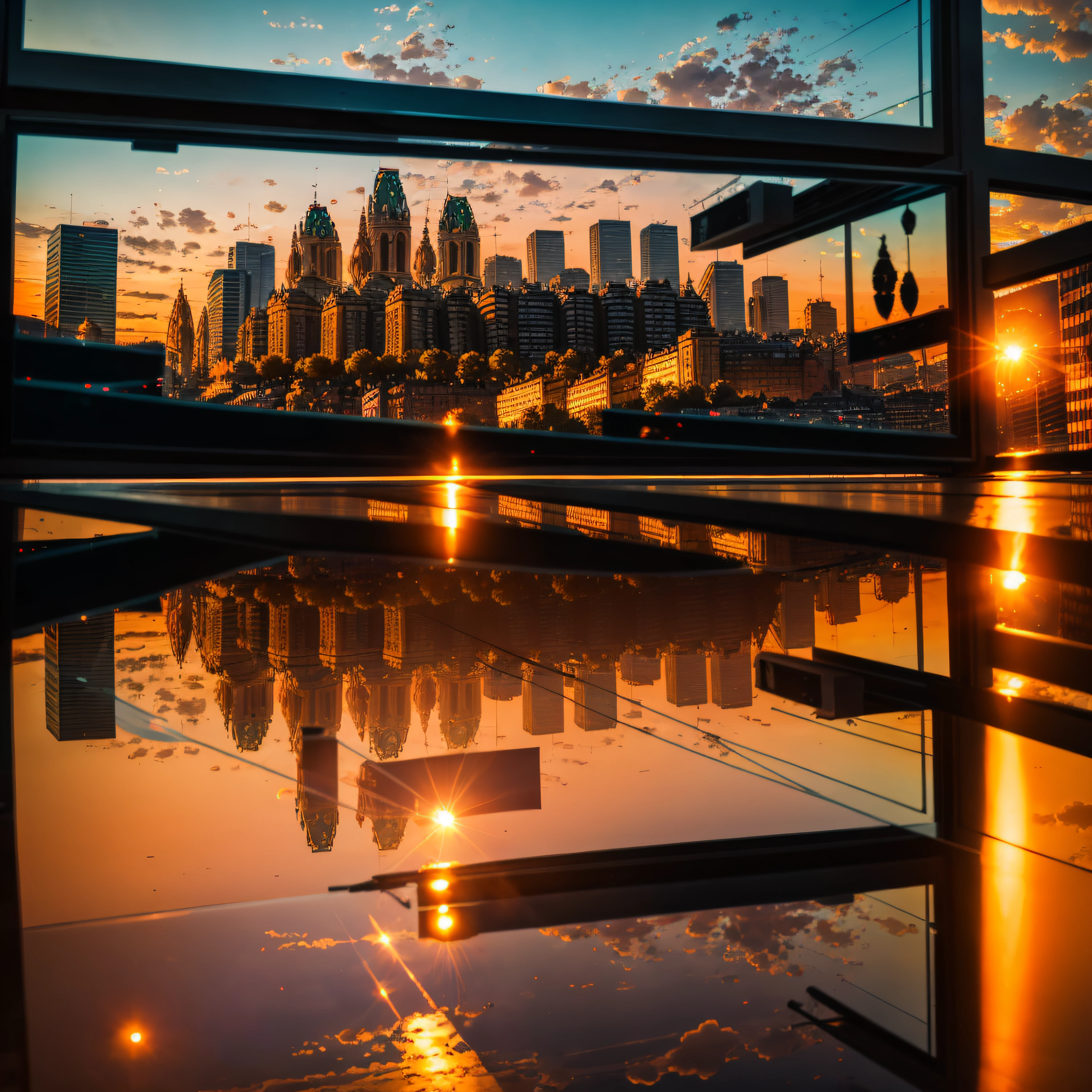 city of lyon, sunset, cyberpunk, first-person view, Canon, 35mm, Fujifilm, Eye-Level Shot, reflection light, 8k, super detail, best quality, award winning --auto