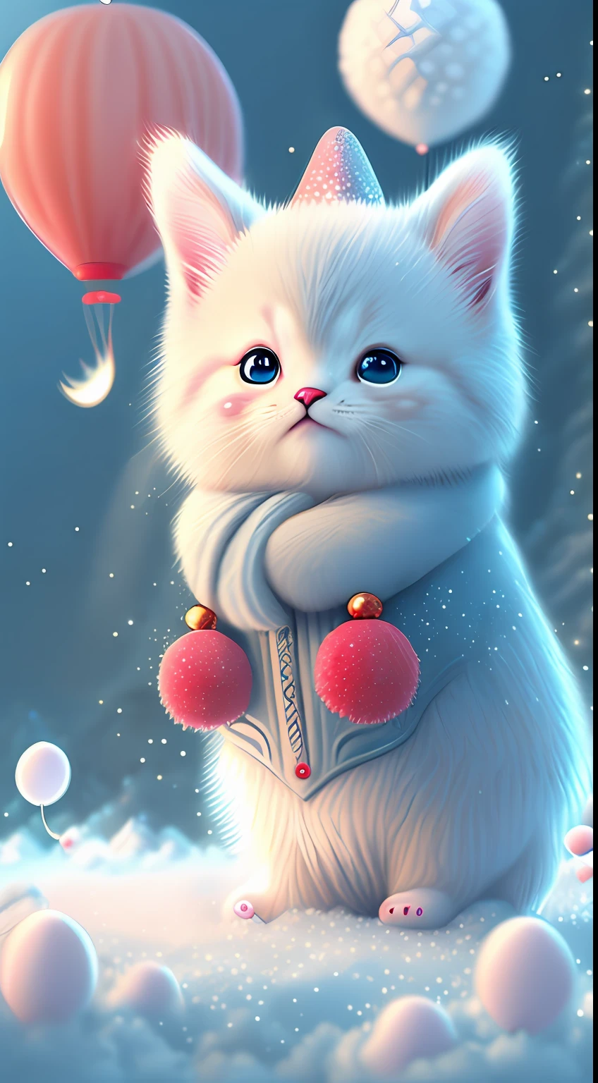 In this ultra-detailed CG art,Cute kittens surrounded by ethereal balloons,laughingly,blingbling,red colour,Best quality at best,A high resolution,Complicated details,fanciful,cute animal,Funny,Open-mouthed!!!,laughingly!!,To the right!!!