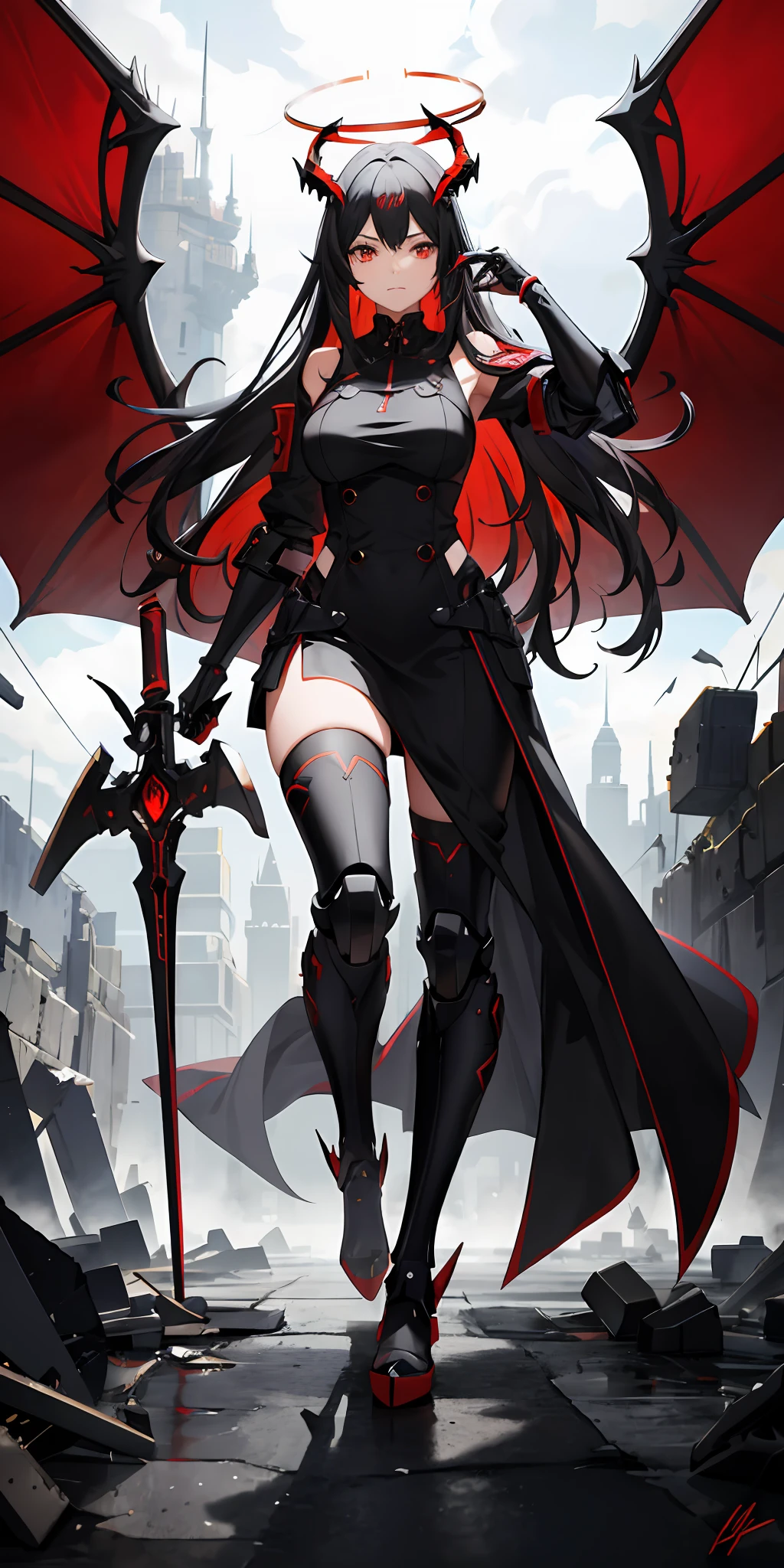 one-girl,cabelos preto e longos,Red eyes,A look of contempt,There is a red halo on the head,There are huge mechanical dragon horns on the head,Black and red mech battle skirt,standing on your feet,Black ruins background,Holding a large red and black sword,It has a huge mechanical dragon tail