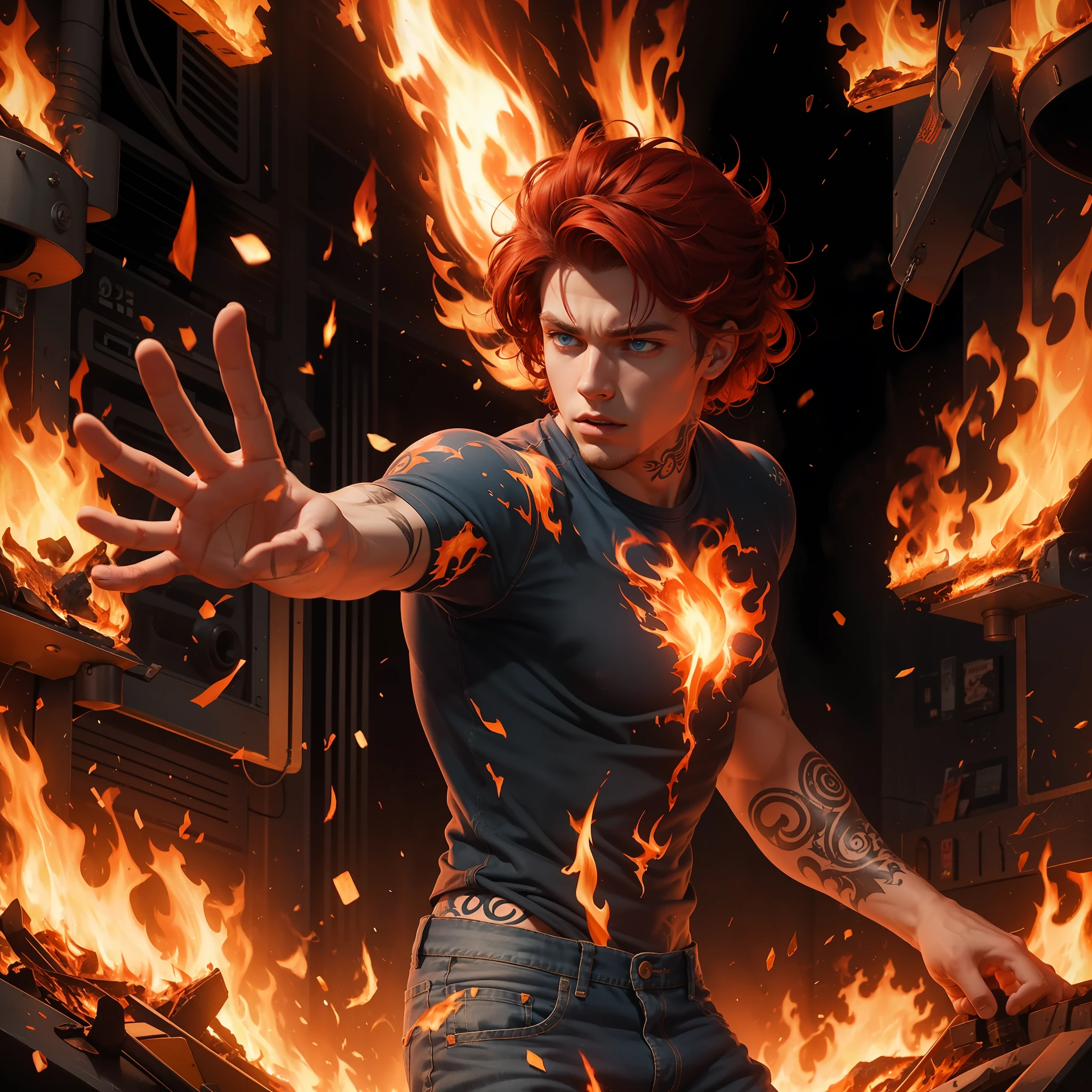 A 25-year old man, muscular, with curly red hair, blue eyes, wearing jeans, shirtless, flames tattooed on shoulders and back, surrounded by flames, pyrokenetic, dramatic action, outstretched hands, flames coming of hands, photorealistic, particle effects, raytracing,
