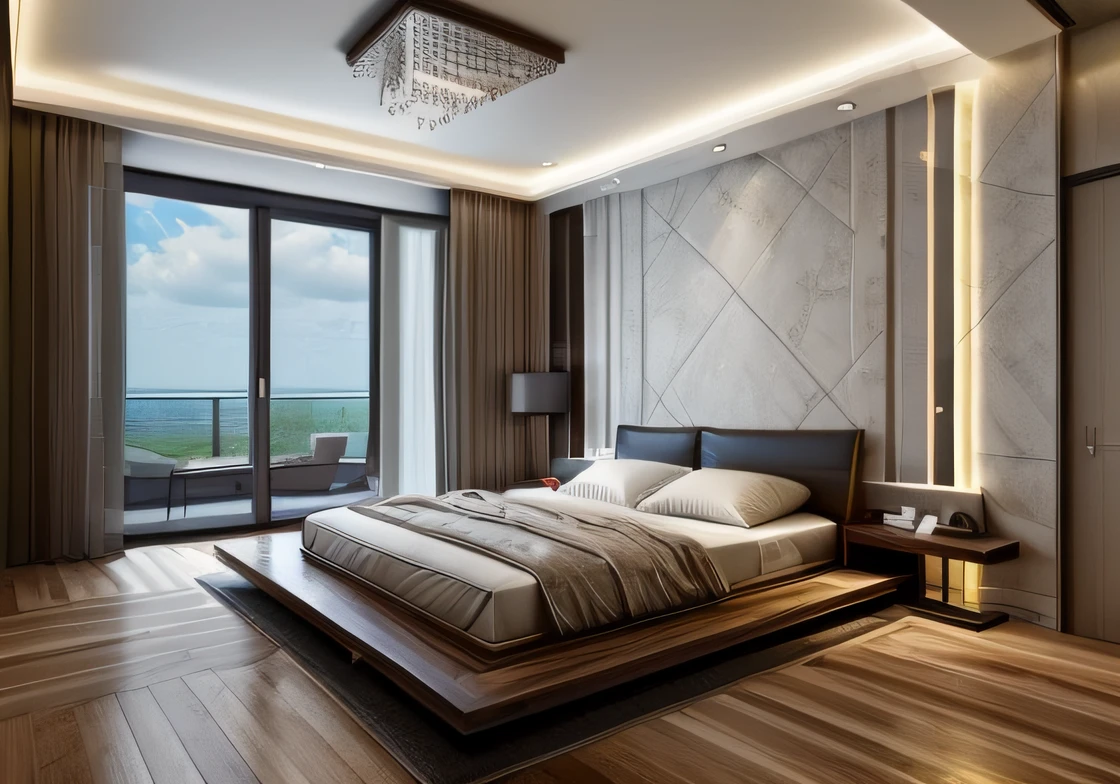 ((Best quality, 8k, Masterpiece :1.3)), bedrooom design, minimalist motif furniture, flat plaster ceiling , wood floor, day light