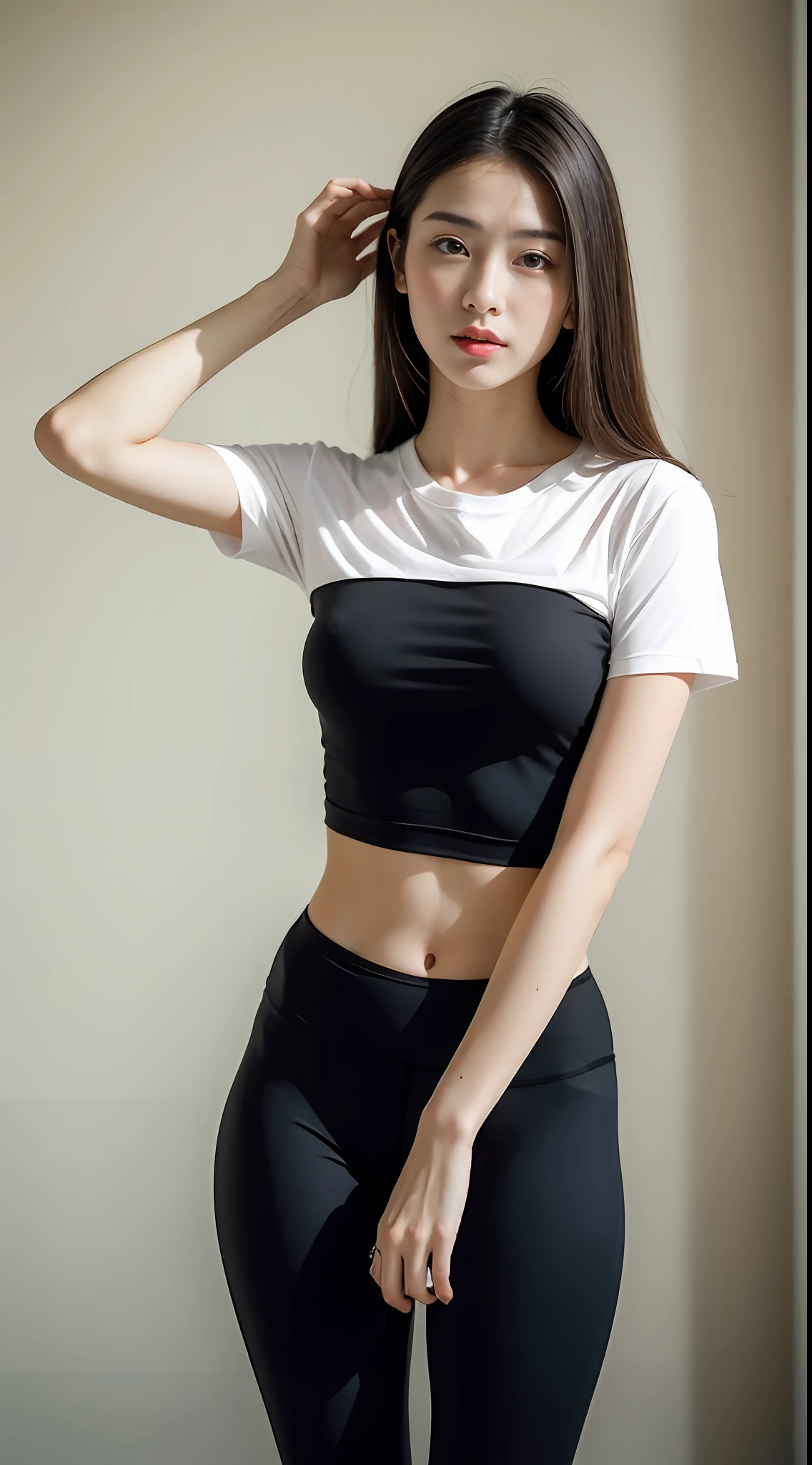 one-girl,Works of masters,HighestQuali,Highest image quality,8K分辨率,A beautiful 20-year-old girl,White crop top T-shirt,Black yoga pants,slimfigure,Shoot from the bottom up