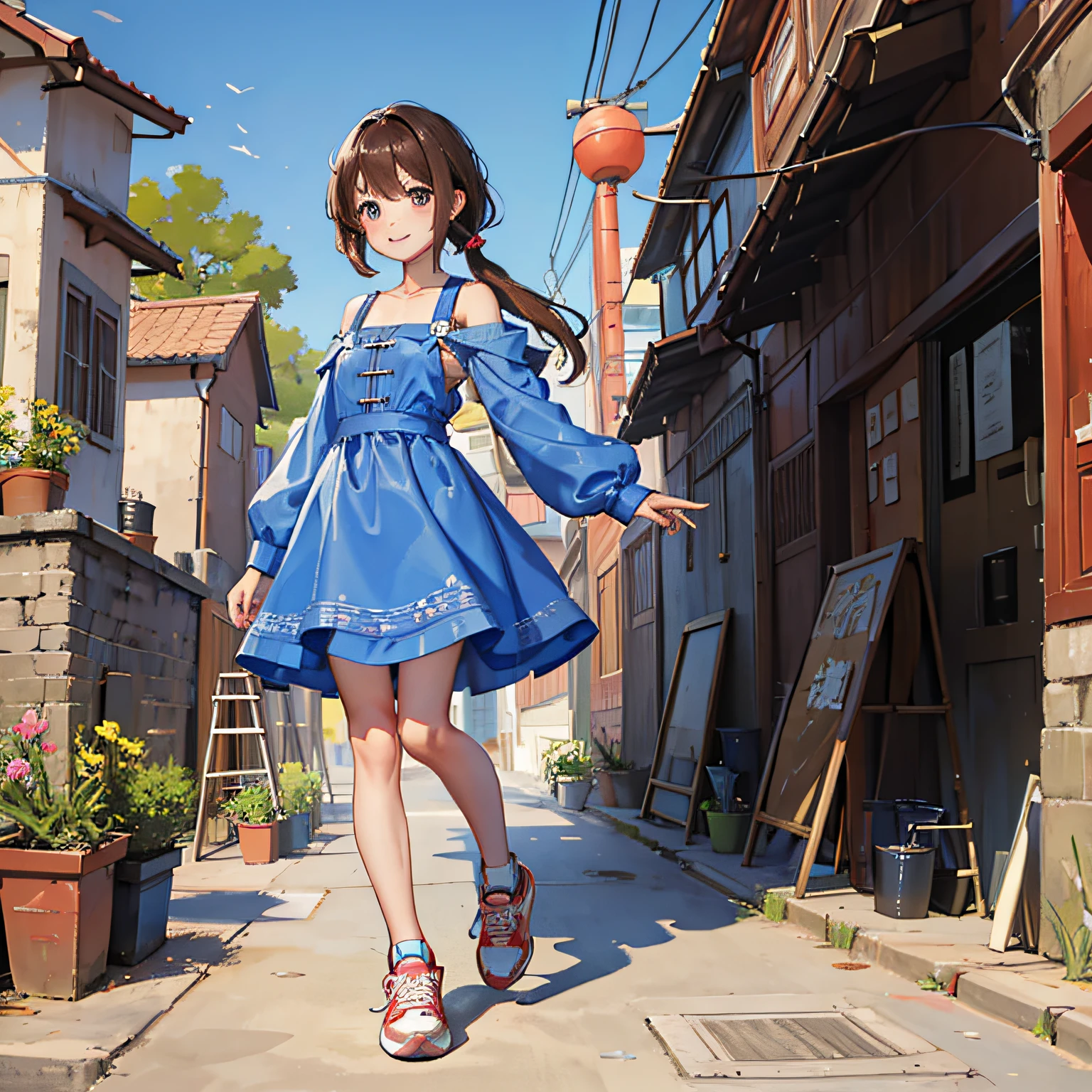 Three-year-old Chinese girl Big eyes, small mouth, smile, dimples, shoulder-length brown hair, blue dress, sneakers --auto