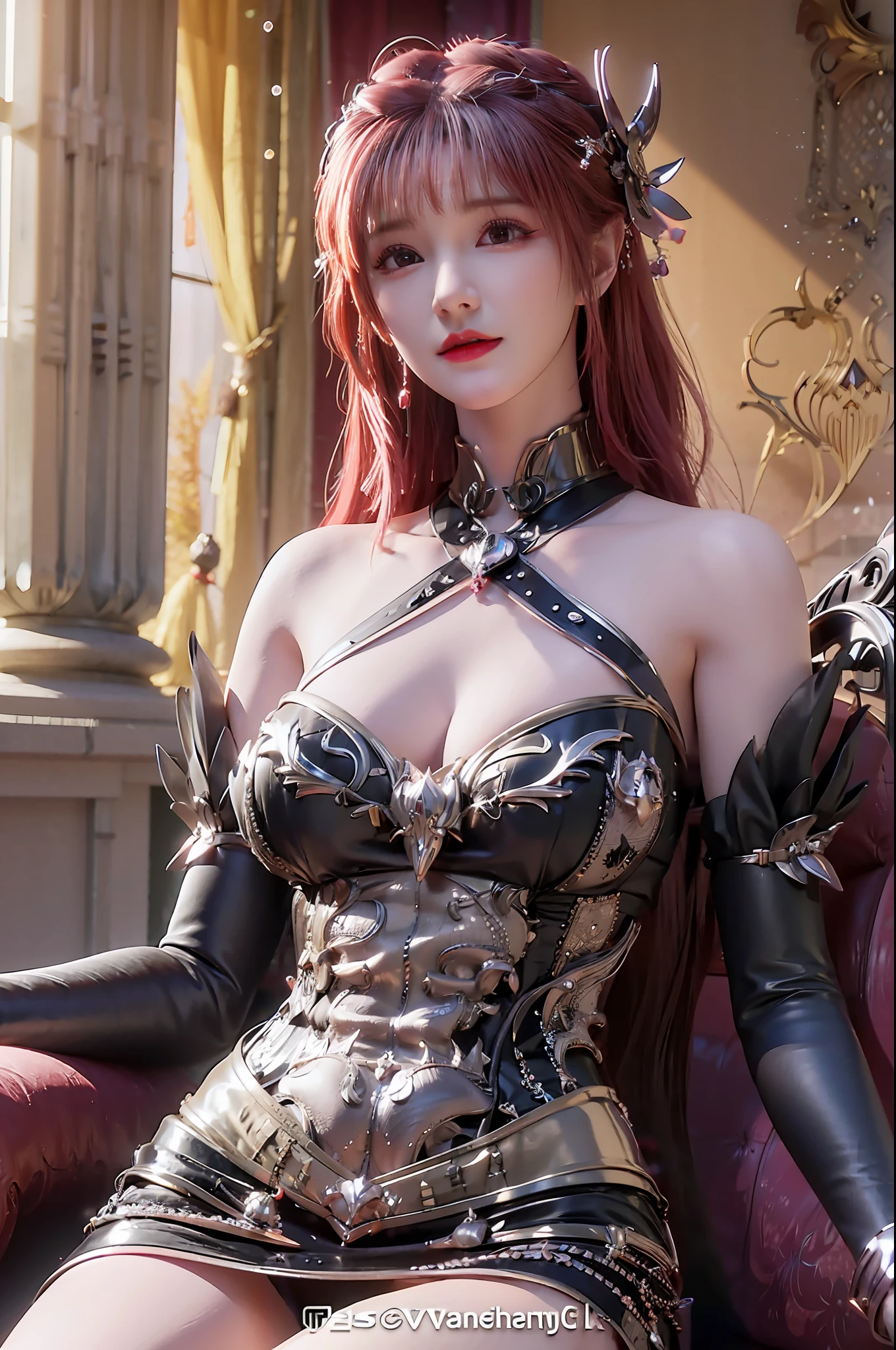 Anime - Stylistic image of a woman in black and black and red miniskirt,4 K detail fantasy,3 D rendering character art 8 K,anime highly detailed,Smooth anime CG art,Popular on CGstation,8K high-quality detail art,goddes。extremly high detail,hyper-detailed fantasy character,highly detailed character,2。5 D CGI anime fantasy artwork,redheadwear