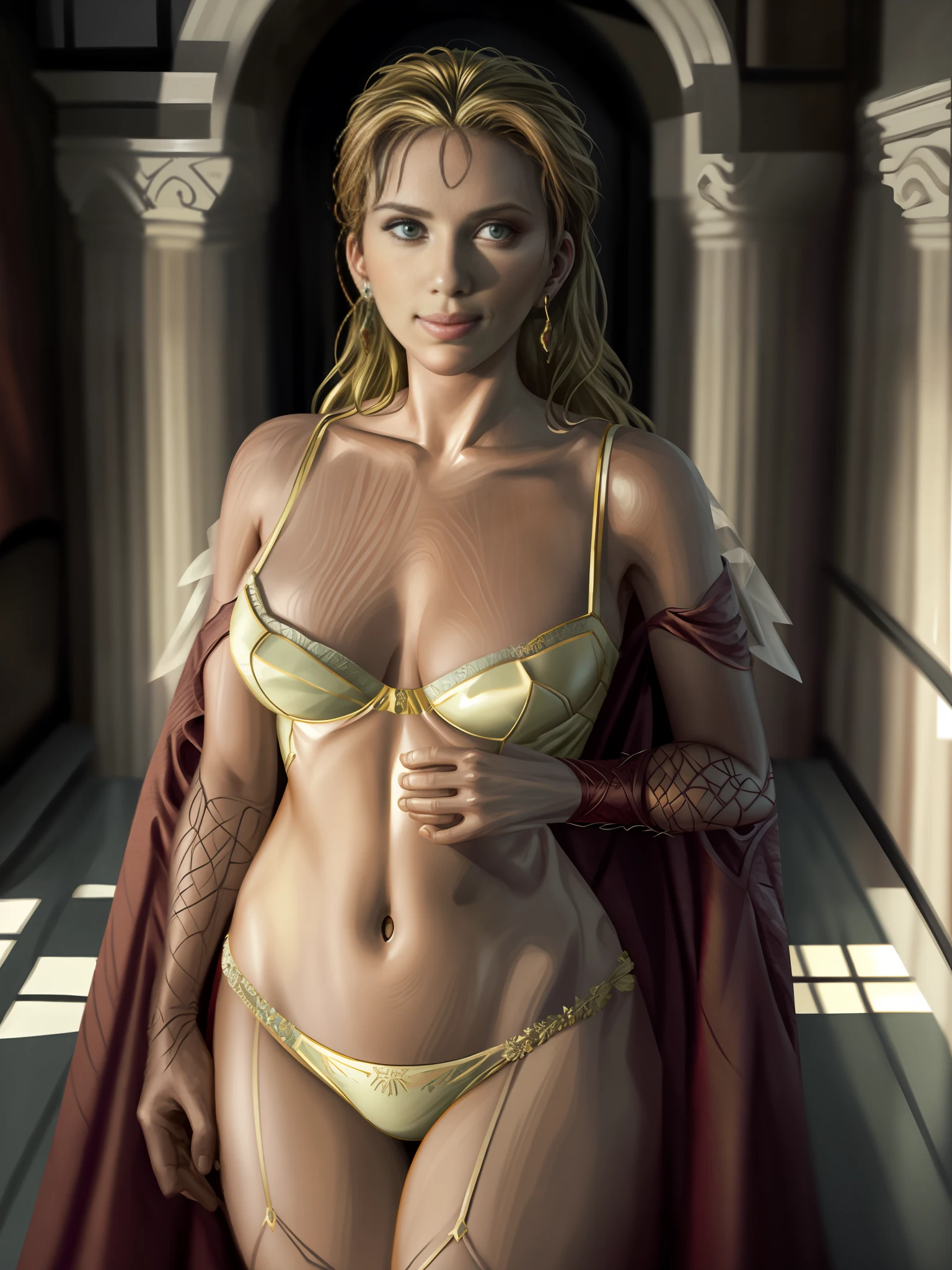 Scarlett Johansson perfeita sorrindo, qualidade muito alta, all possible details, textures in 16K resolution, peitos lindos e enormes, corpo perfeito e mostrando ele inteiro, inteiro, lingerie transparente, Lying on her back on the bed lifting her feet, RTX, HDR,