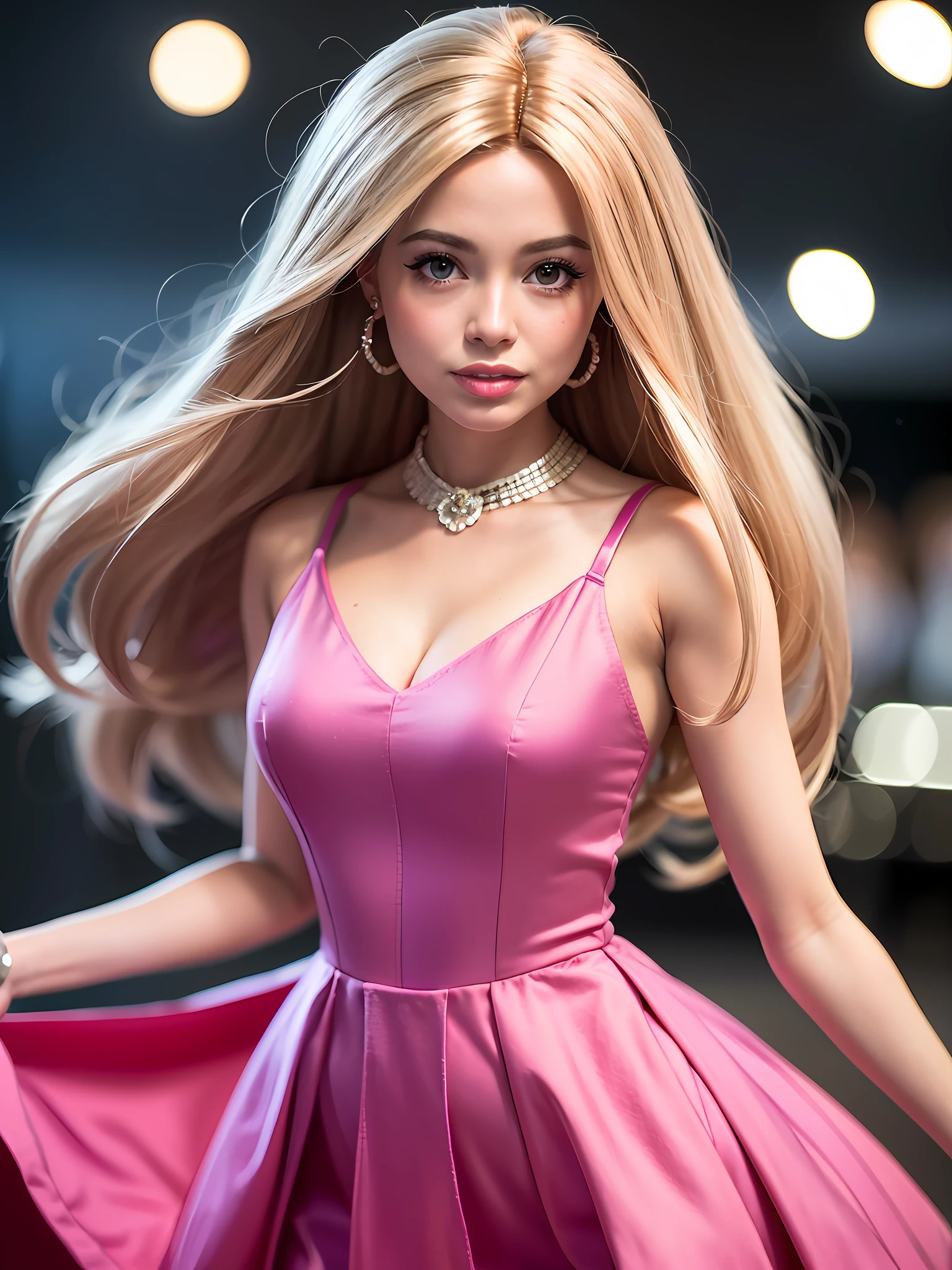 (best quality, master part, high resolution, (((1menina Barbie ))),vestido rosa Barbie,ornamento de cabelo,colar,jewelries,cara bonita,em cima do corpo,Efeito Tyndall,fotorrealista,Dark Studio,Lighting rim, dual-tone lighting,(pele altamente detalhada: 1.2), 8k UHD, DSLR, soft lighting, alta qualidade, Volumetric lighting, candid, fotografia, high resolution, 4k, 8k, Bokeh, cabelo rosa,,
