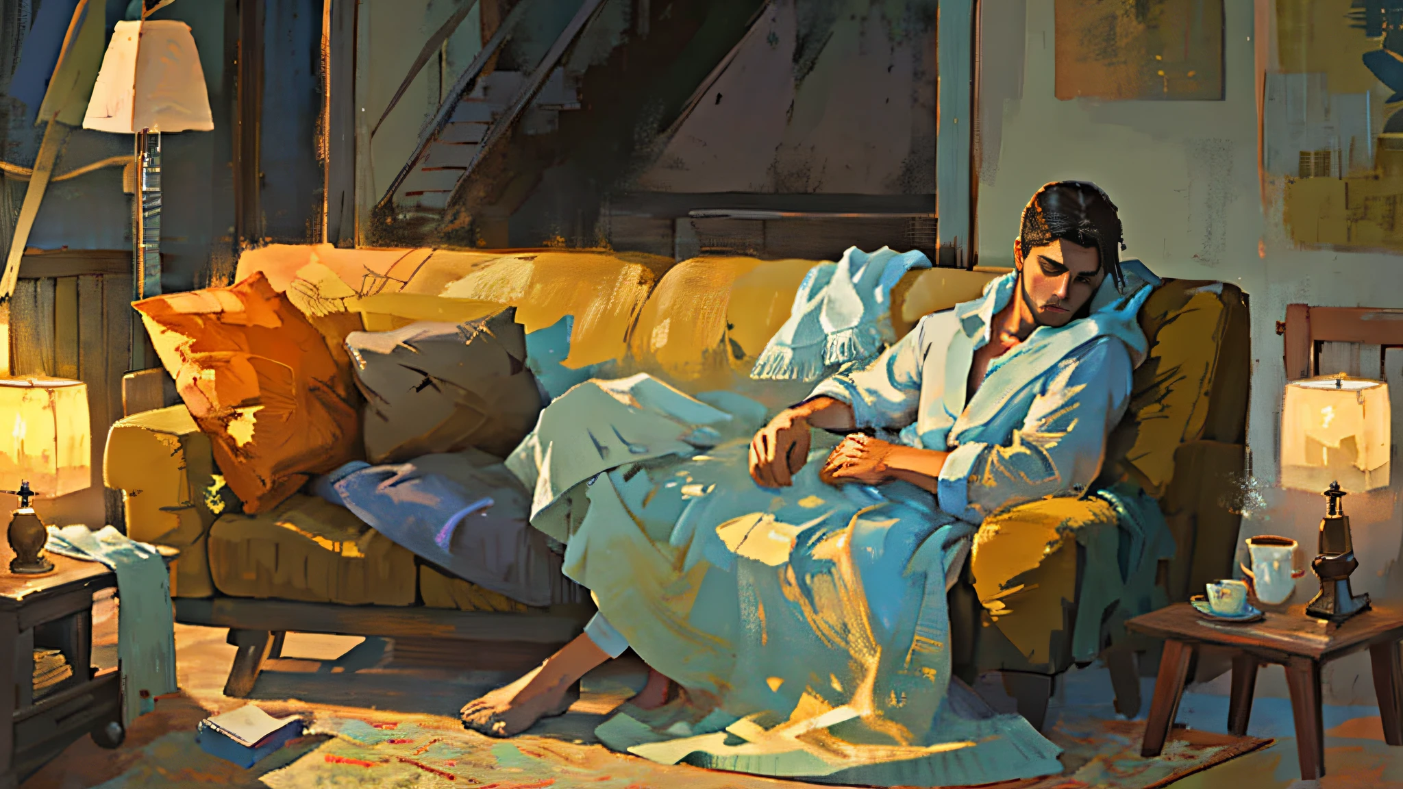 "A man peacefully sleeping on a sofa by the window, wrapped in a cozy blanket, as the soft light of dawn illuminates the room. The tranquil atmosphere carries a hint of fantasy. making this masterpiece a best quality creation.