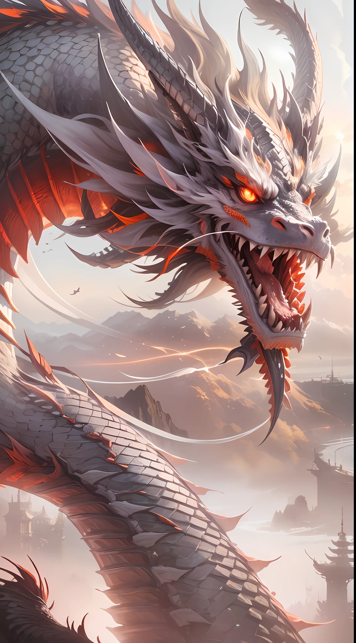 Dragon King,chinesedragon,(Solid white:1.3),red luminous eyes,Delicate fur,Finely depicted face,dentes pontiagudos,Five claws,In the sky,rays of sunshine ,low-contrast,(Medium and near focal lengths:1.3),best qualityer,Extremely fine,Unlimited details,photograph of-realistic,HighestQuali,tmasterpiece,Premium wallpapers,8K,octaneratingrendering,(Don't appear in human form:1.4)