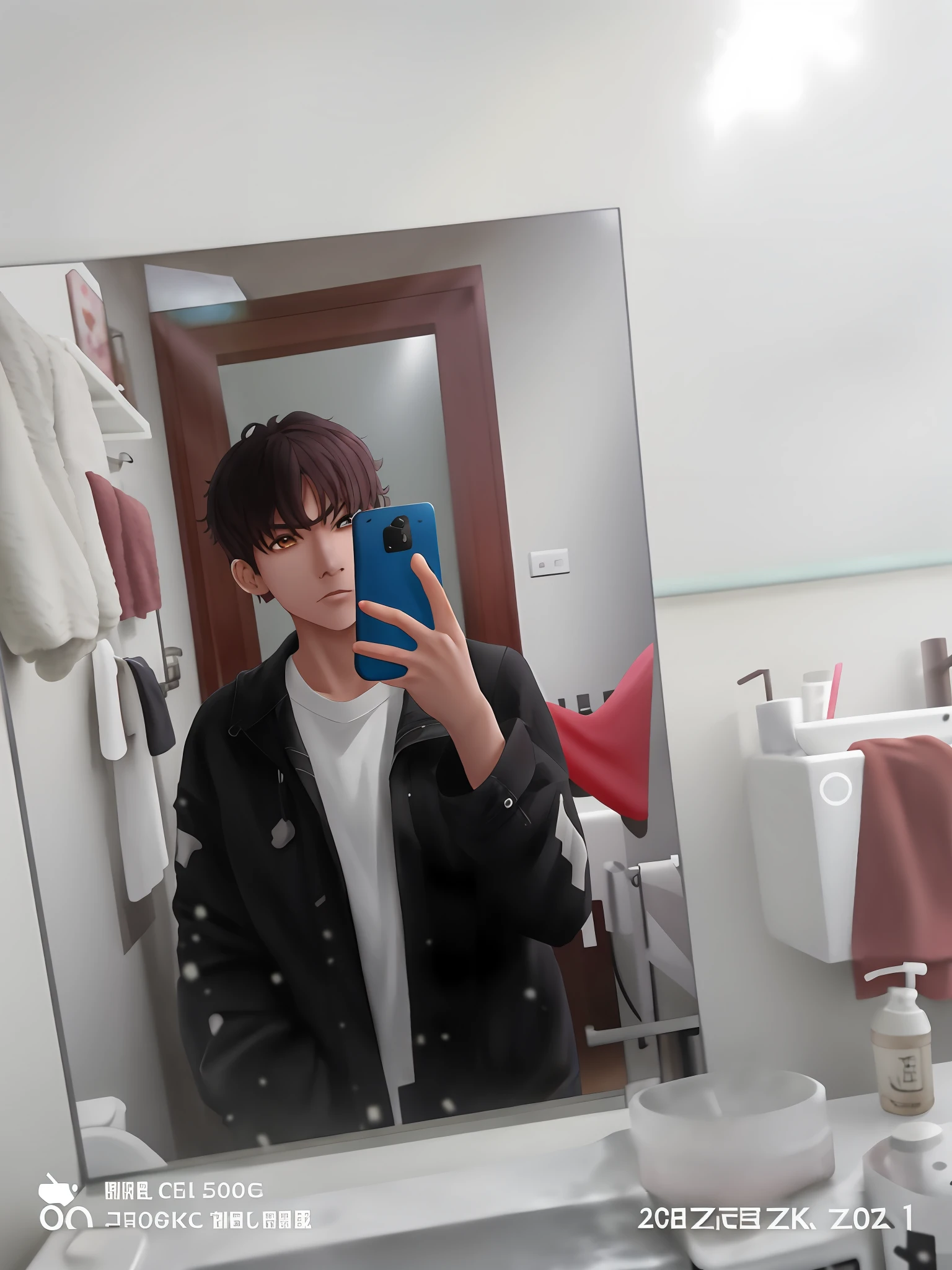 there is a man taking a selfie in a bathroom mirror, in bathroom, Male ulzzang, 8k selfie photograph, very very low quality picture, Mirror selfie, low quality photo, Shin Jinying, standing in front of a mirror, low quality photo, from 8 k matte, selfie shot straight on angle, Cai Xukun, picture, in bathroom