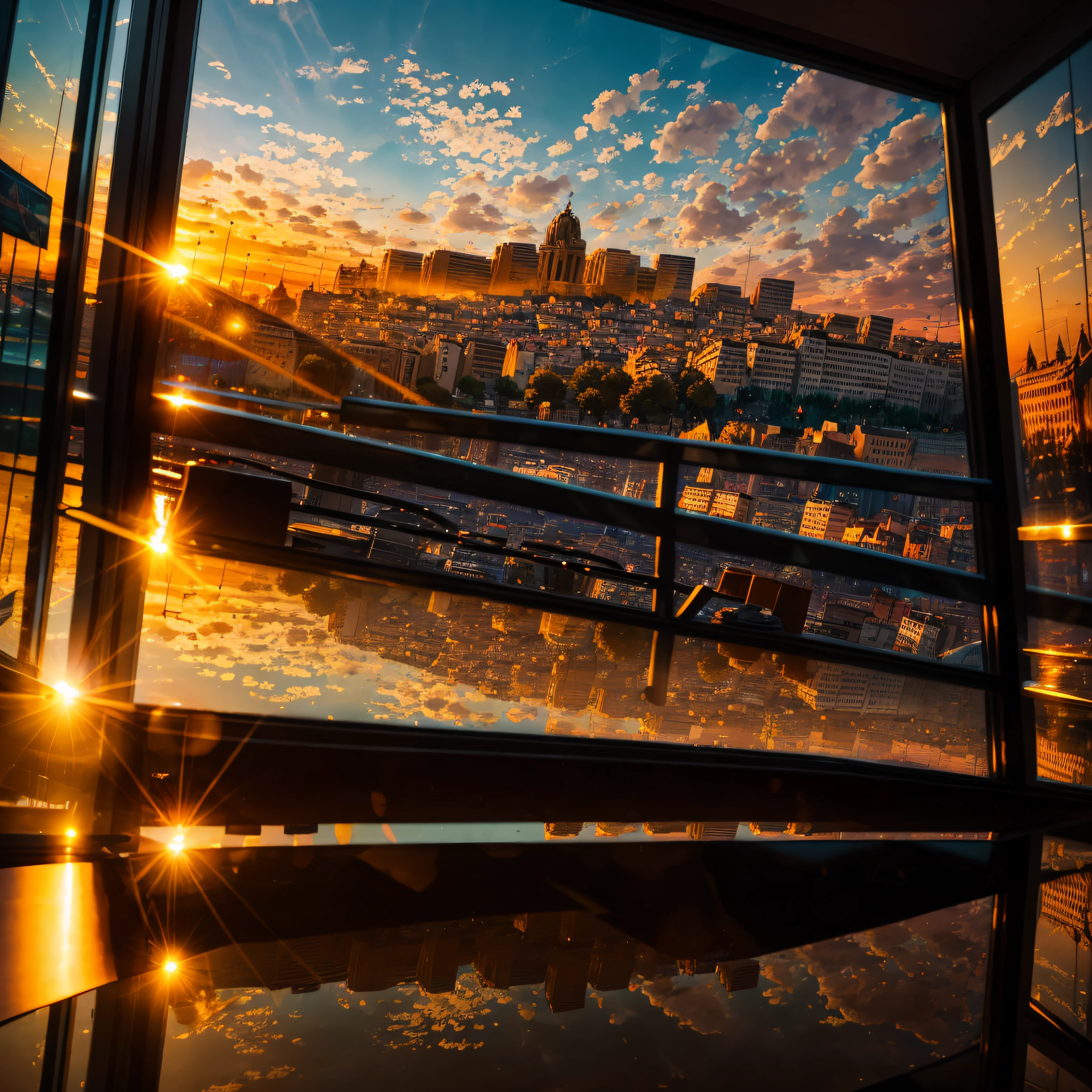city of lyon, sunset, cyberpunk, first-person view, Canon, 35mm, Fujifilm, Eye-Level Shot, reflection light, 8k, super detail, best quality, award winning --auto
