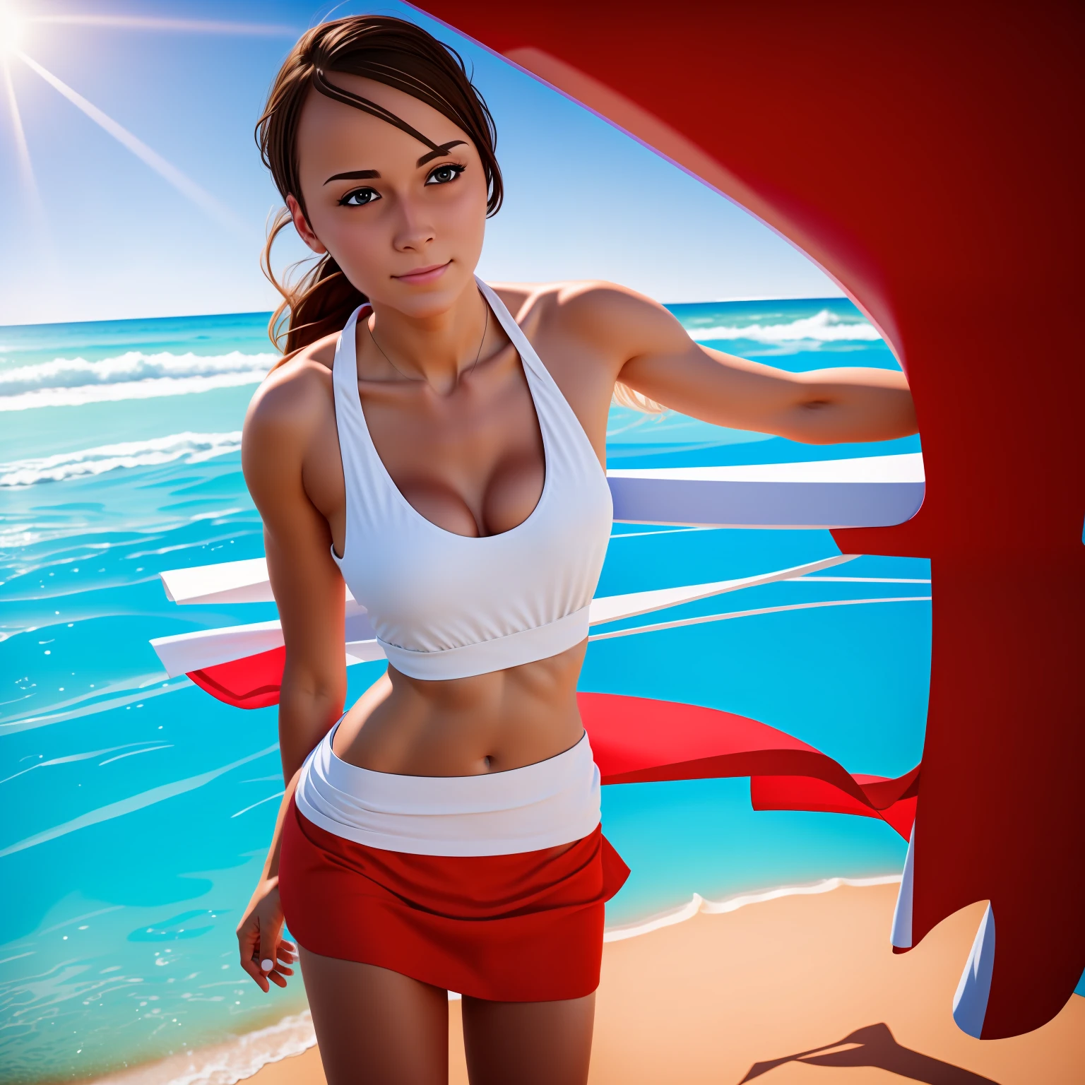 European girl as lifeguard, sitting in the sun, lifeguard tower, plain white t-shirt, red skirt, 8k, depth of field, volumetric haze, global illumination, dynamic lighting, best lighting, volumetric lighting, ultra high resolution, 8k, realistic, photorealism, photorealistic, hyperrealism, photon mapping, physics-based rendering, cinematic, masterpiece, art by studio ghibli, intricate artwork by john william turnerEuropean girl as lifeguard, sitting in the sun, lifeguard tower, plain white t-shirt, red skirt, 8k, depth of field, volumetric haze, global illumination, dynamic lighting, best lighting, volumetric lighting, ultra high resolution, 8k, realistic, photorealism, photorealistic, hyperrealism, photon mapping, physics-based rendering,