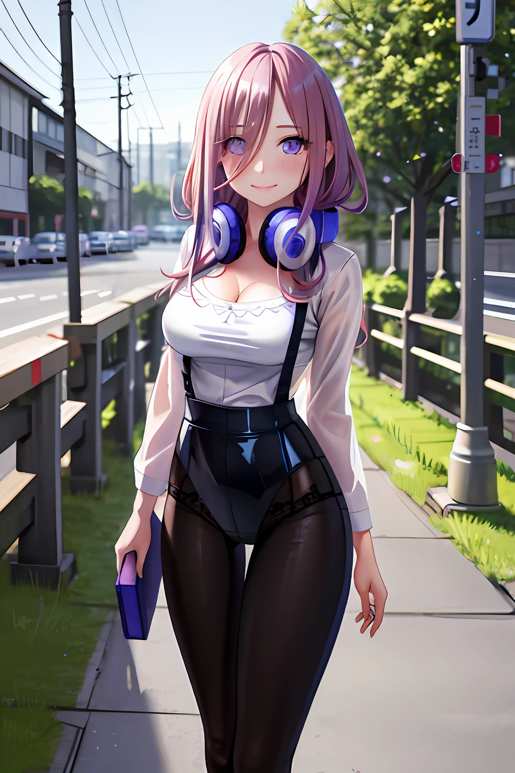 best quality, masterpiece, nice hands, perfect hands, Miku hiking, smile, small breasts, Blue Cardigan, county road, best quality, masterpiece, (leaning over:1.4), 1girl, yuzuriha_(jigokuraku), purple hair, brown eyes, ninja, open clothes, cleavage, small breasts, topknot, medium hair, breasts apart, seductive smile, pants, undressing, (blush:1.1), japanese exterior, temple, panties can be seen, the background is the street, traffic, perfect body, delicate facial features, pink curly hair, transparent suspenders, open legs, feminine and sexy posture, full body portrait, perfect hands,exposed boobs, nippe is cover by tape