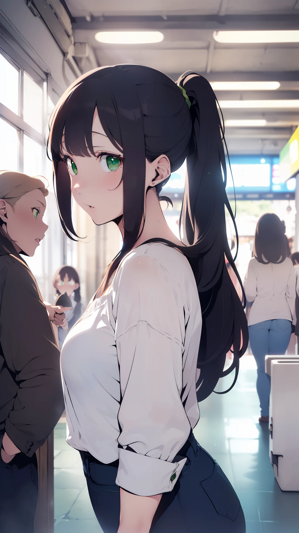 (((one woman,long hair,ponytail,bangs,slender face,sharp eyes,green eyes,detailed eyes,small breast,white blouse,navy jeans,surprised,flushed cheek))),masterpiece,extremely high quality,extremely fine and beautiful,hyper detail,dynamic resolution,sharp focus,anime style,watching at the viewer,at the station,1girl