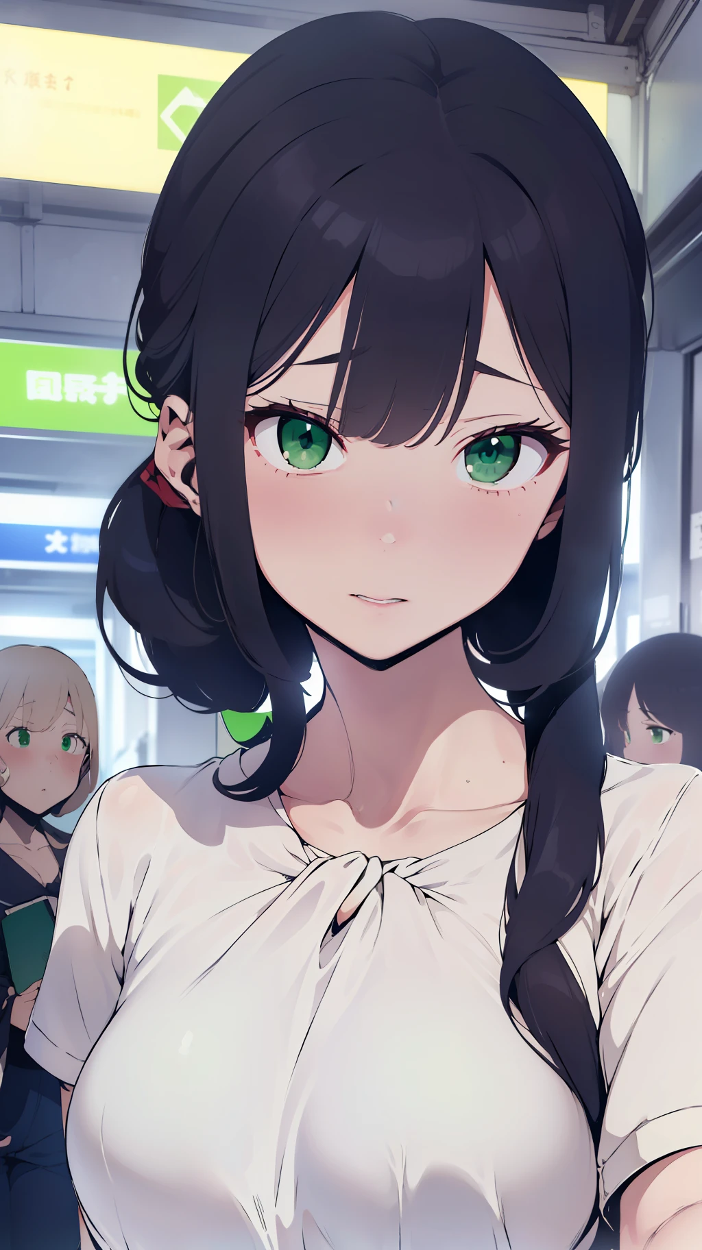 (((one woman,long hair,ponytail,bangs,slender face,sharp eyes,green eyes,detailed eyes,small breast,white blouse,navy jeans,surprised,flushed cheek))),masterpiece,extremely high quality,extremely fine and beautiful,hyper detail,dynamic resolution,sharp focus,anime style,watching at the viewer,at the station,1girl