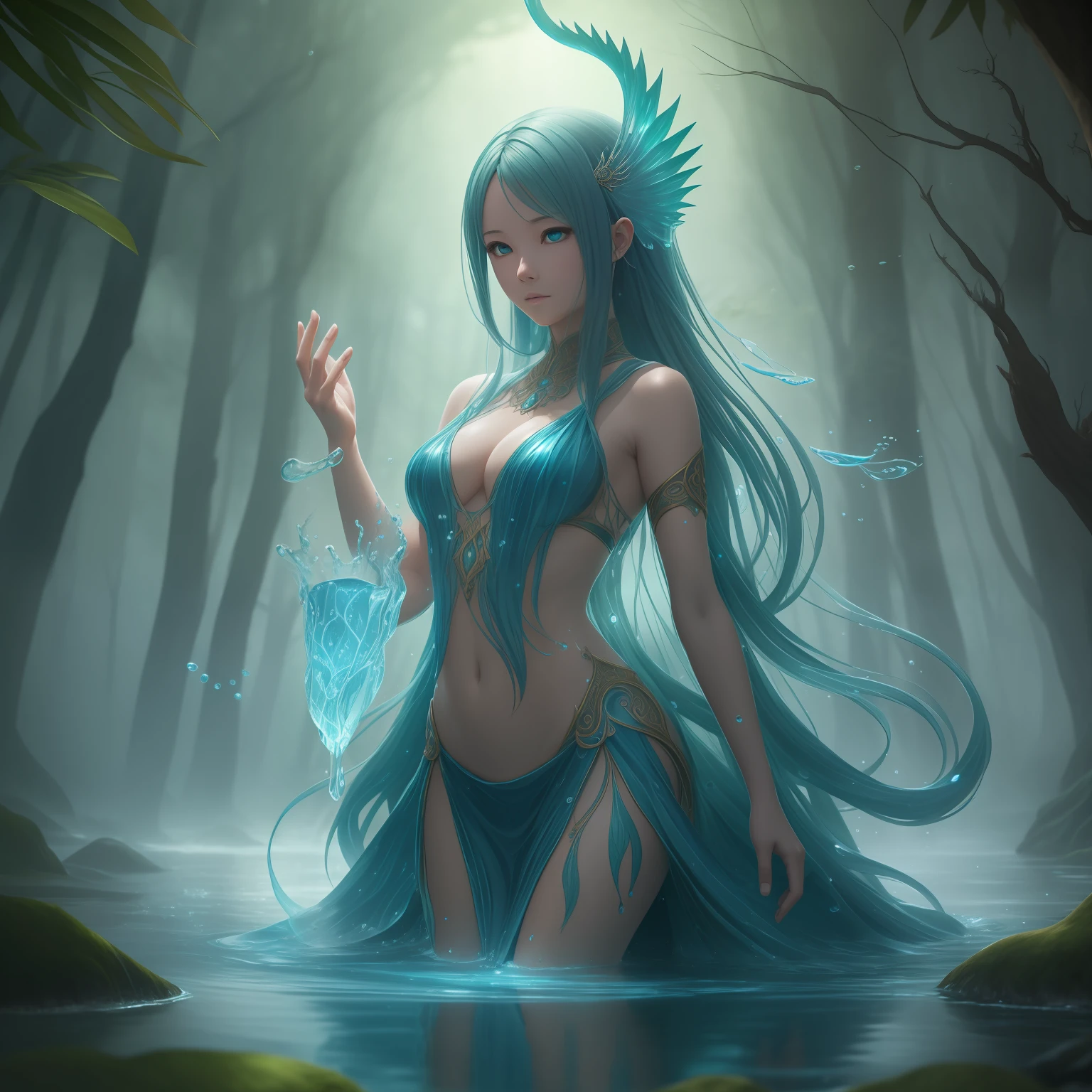 Elementary water woman with water body summoning a elementary water creature, complex details, transparent body parts, Fluid, ultra high resolution, ultra detailed digital painting, like a anime cover, ultra detailed details, ultra detailed mystic forest background, lights and shadows, cinematic lighting, ultra realistic detailed textures