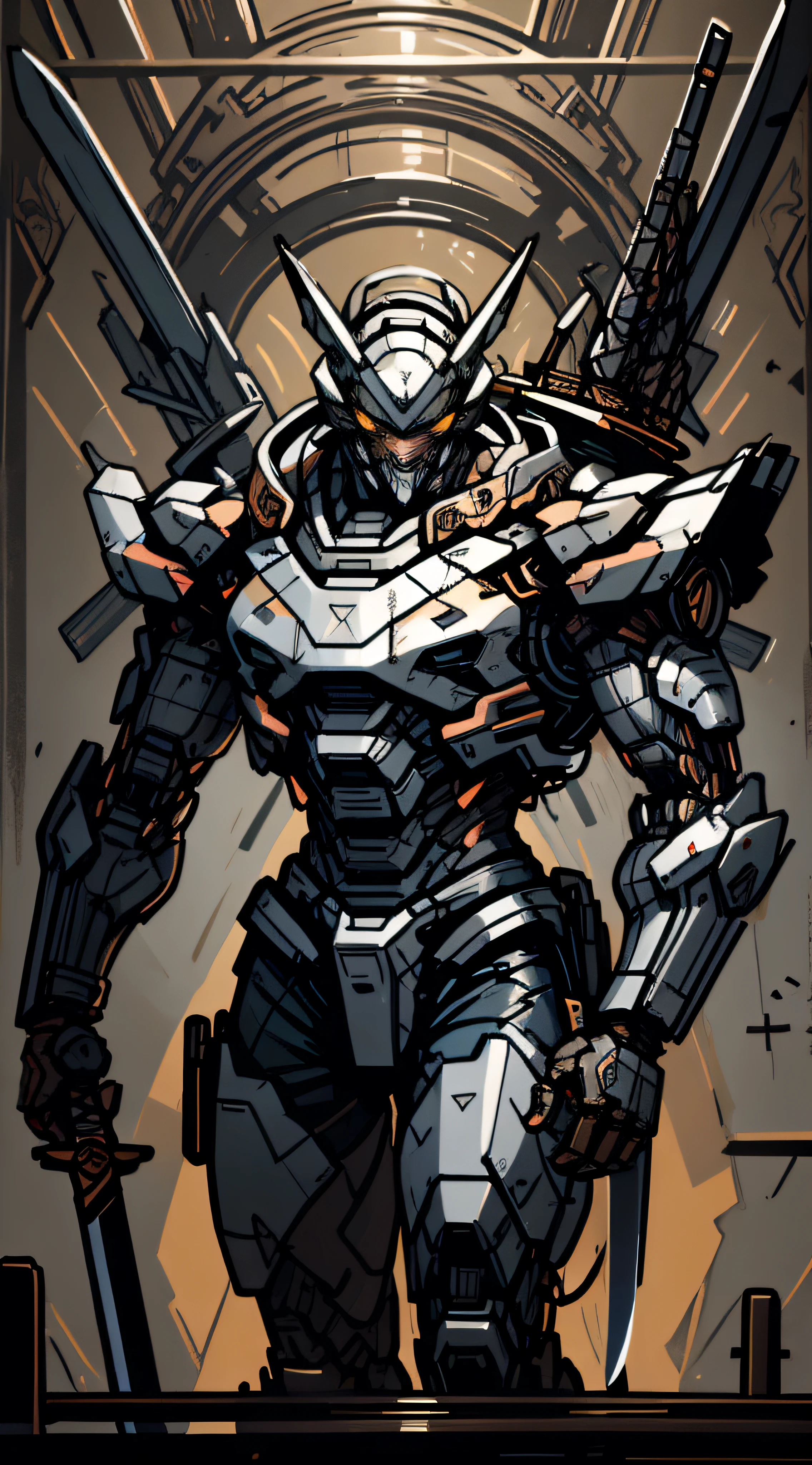 (Masterpiece, Best quality:1.3),extremly high detail, Intricate, 8K, hdr, the wallpaper, Cinematic lighting,big sword, Glowing, Glowing eyes, Mecha, Realistic,A half body,frontage