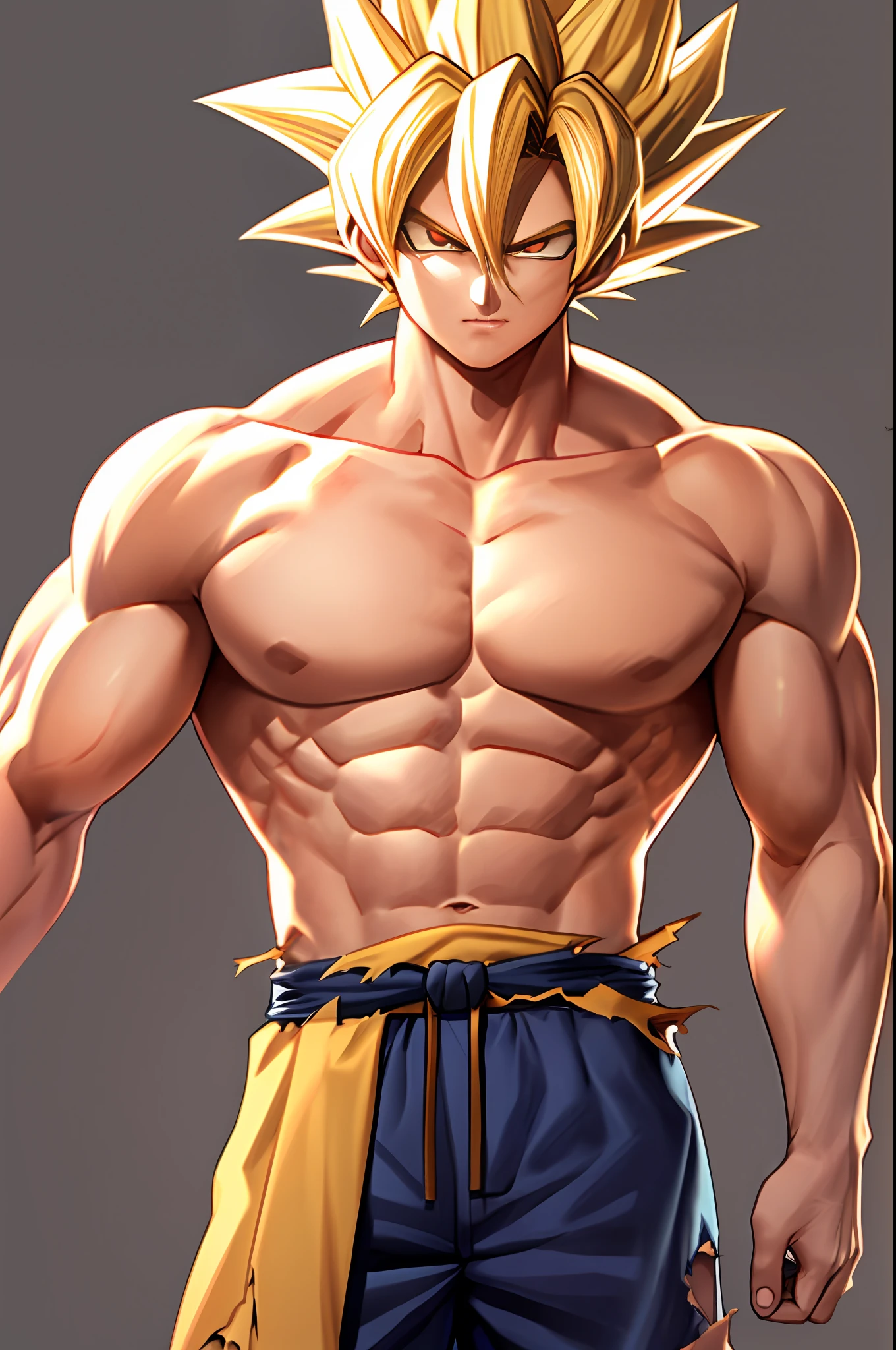 Son Goku, 1boy , Closed mouth, Male focus, Muscular, Muscular male, Biceps, sash, chest muscle, Abs, spiked hair, Topless male, Torn clothes, legendary super saiyan,blackigeyes, blond hairbl, the golden ratio((Masterpiece))